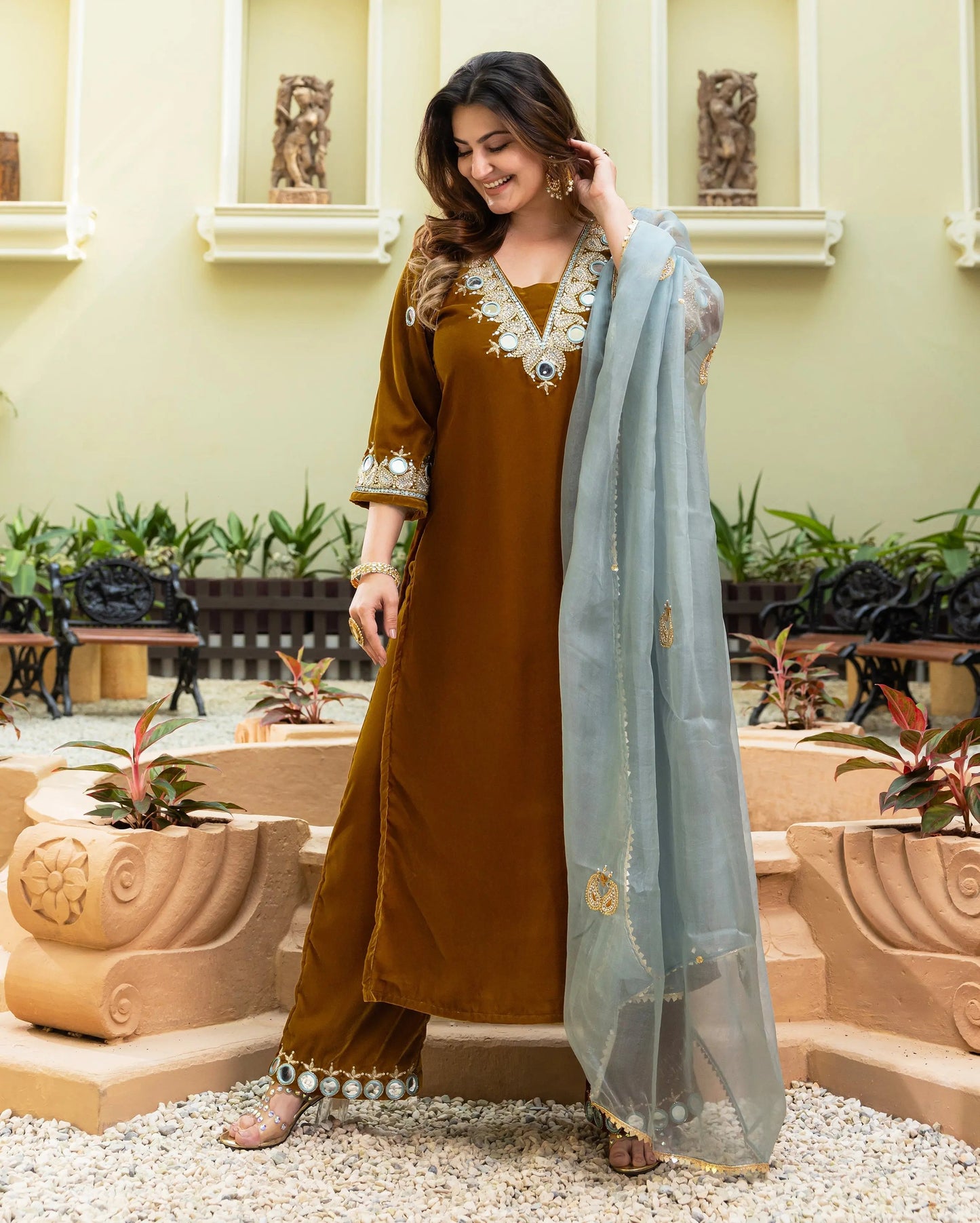 Khardali Mustard Embroidered Velvet Suit Set My Store