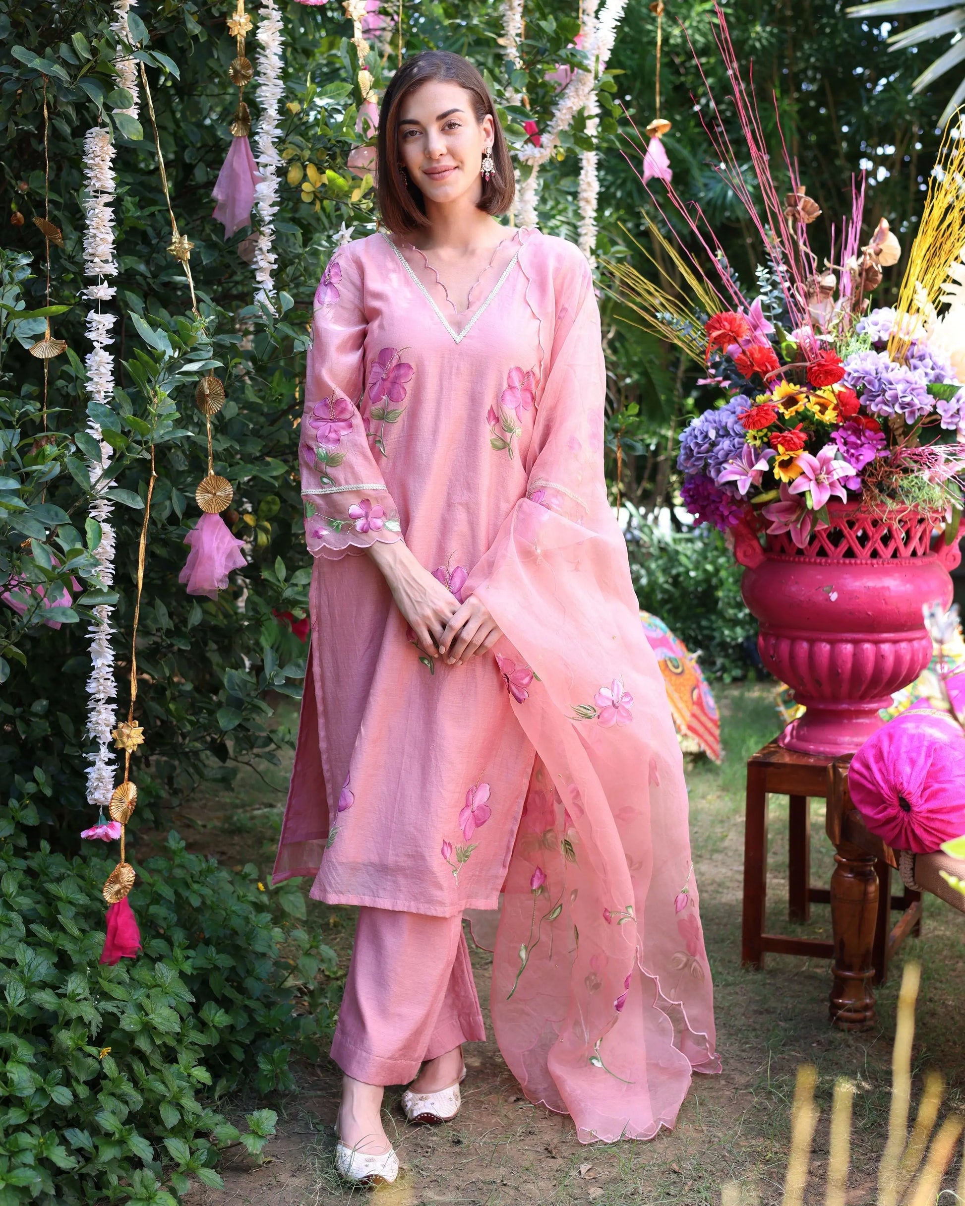 Peach Dream Handpainted Chanderi Suit Set My Store
