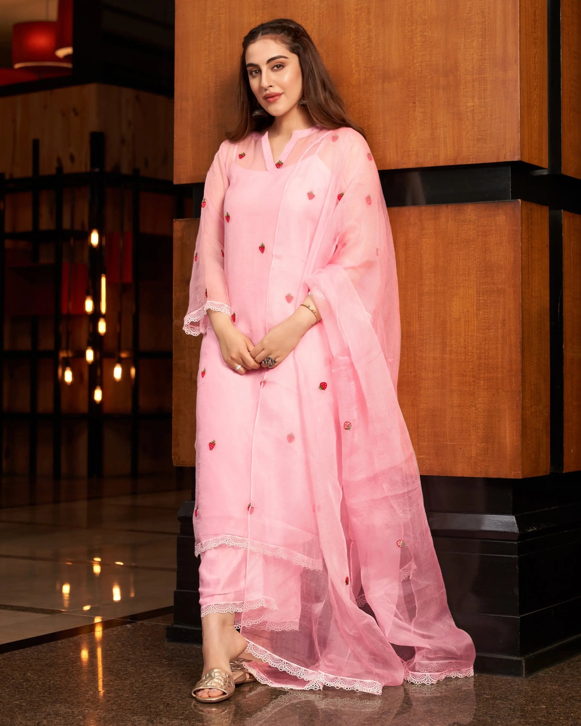 Rangrez Baby Pink Embroidered Organza Suit Set My Store