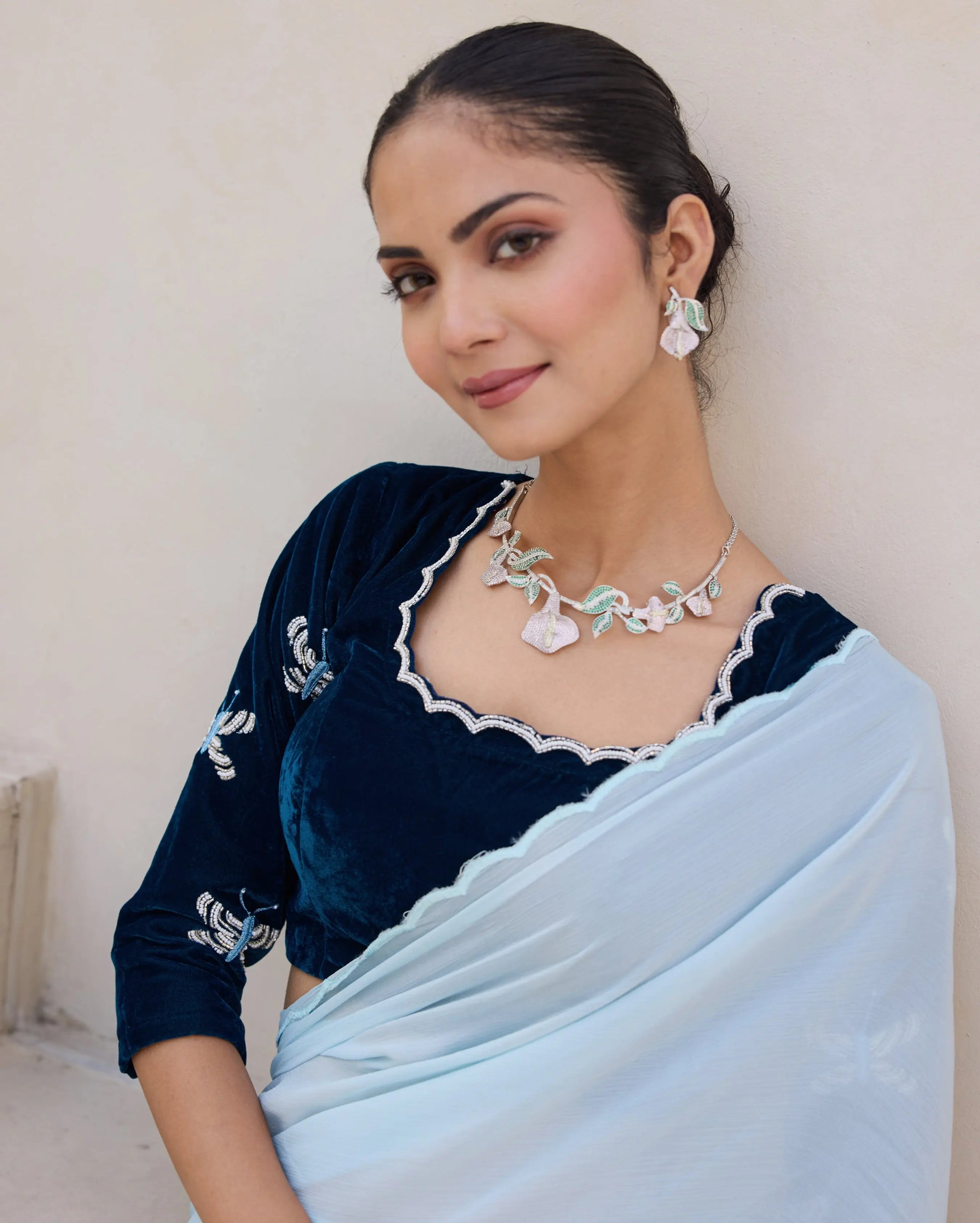 Butterfly Luxe Blue Velvet Embroidered Blouse My Store