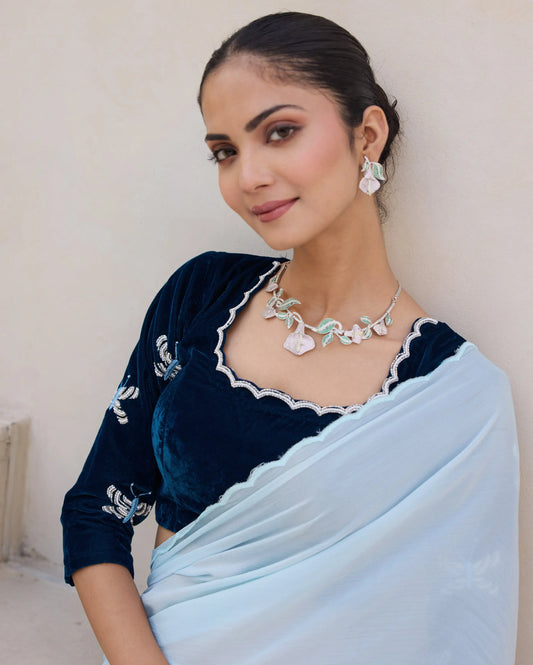 Butterfly Luxe Blue Velvet Embroidered Blouse My Store