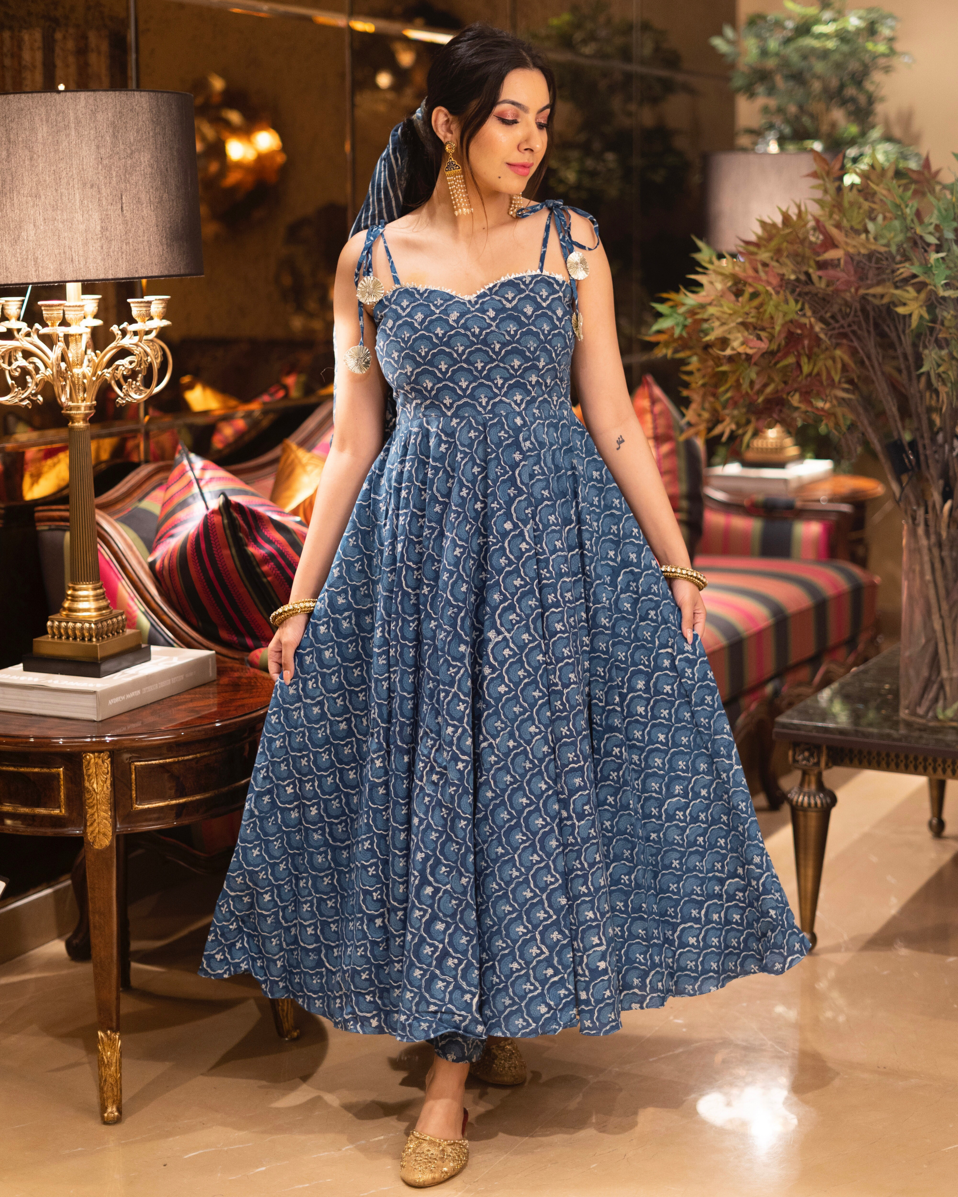 Denim Blue Handblock Suit Set Quick Cart