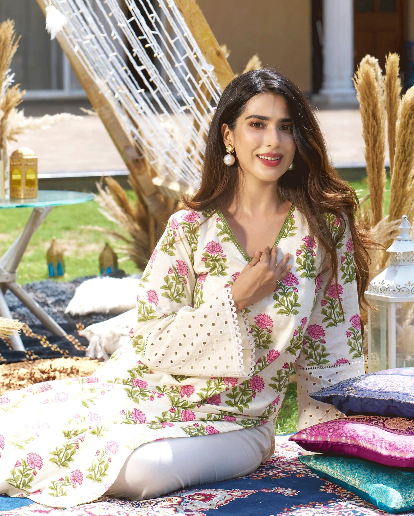 Ravishing Cream Printed Cotton Kurta Set My Store