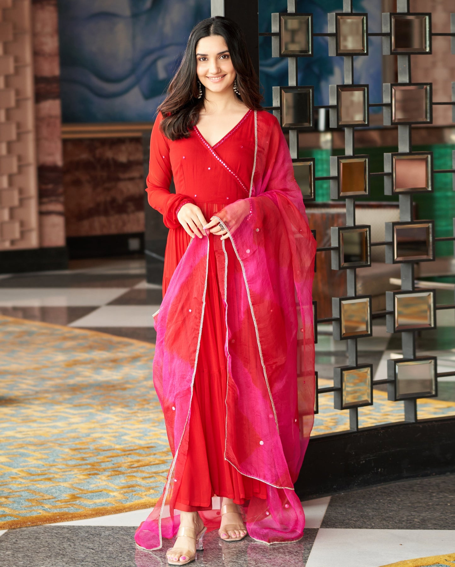 Rajni Red Embroidered Georgette Suit Set Quick Cart