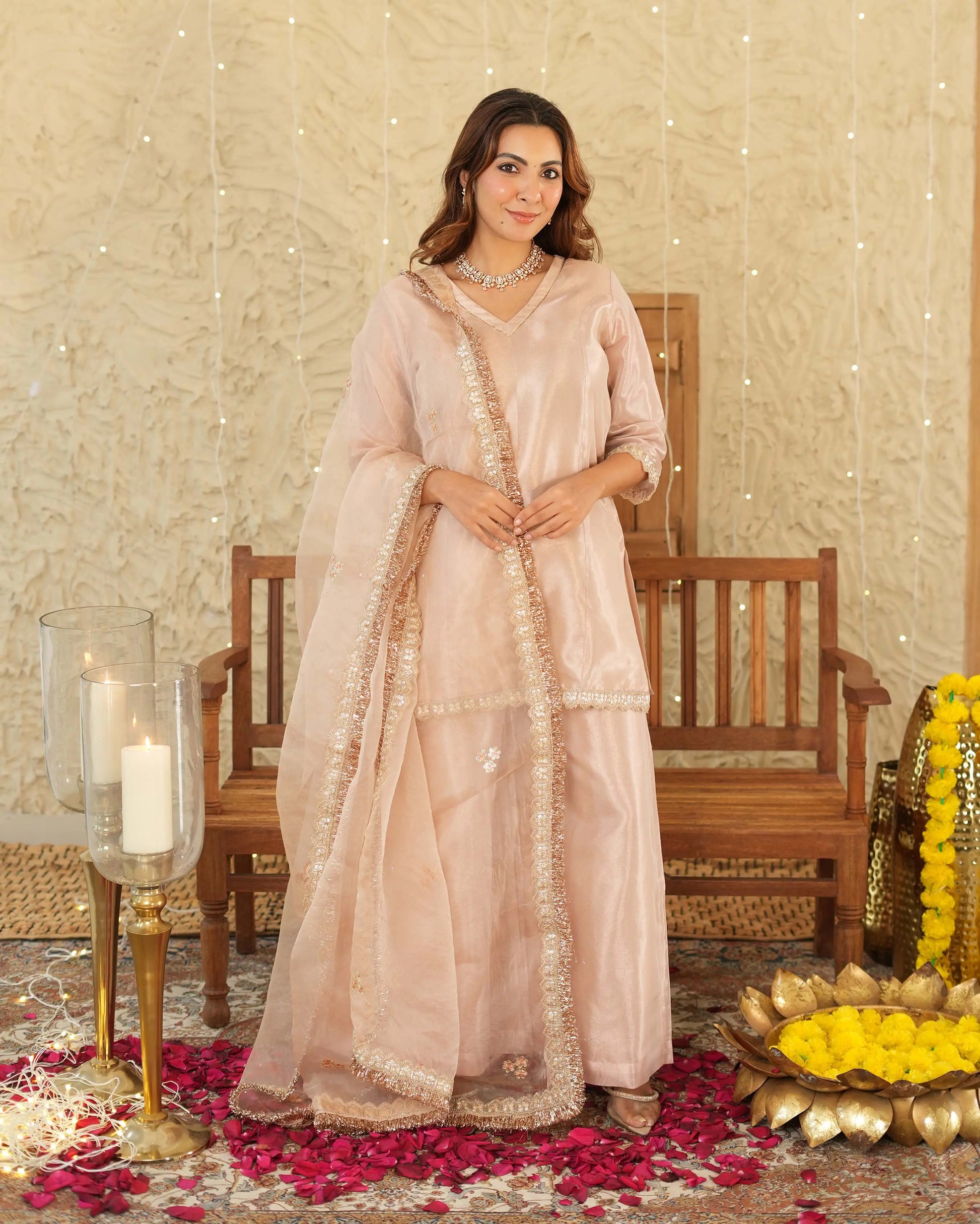 Pataka Beige Solid Tissue Suit Set My Store