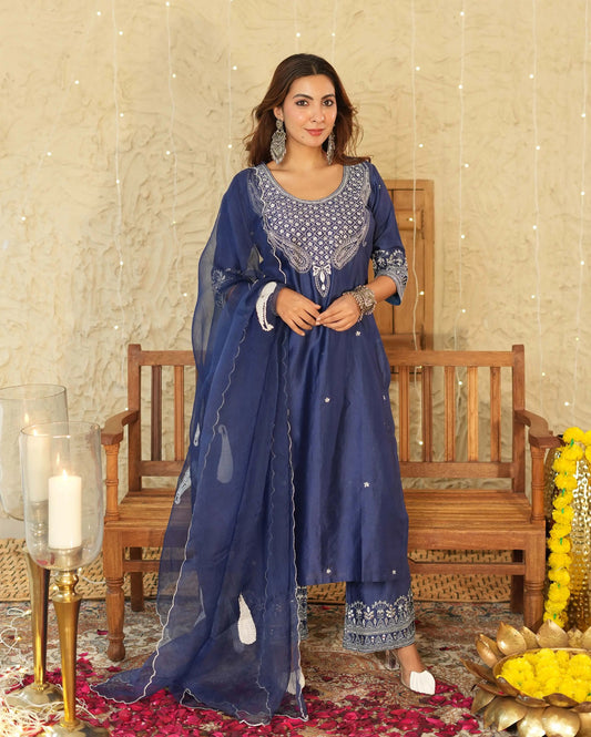 Tejaswi Blue Embroidered Chanderi Suit Set My Store