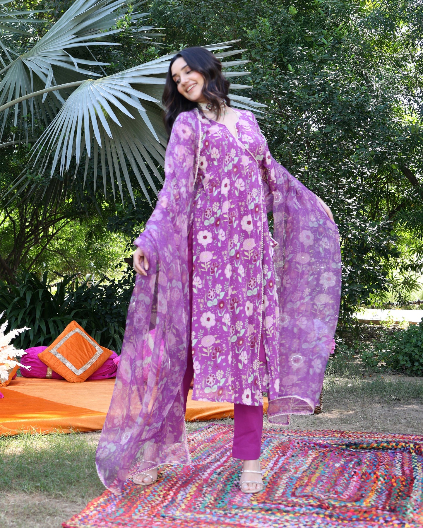 Iris Bloom Purple Printed Georgette Suit Set Quick Cart