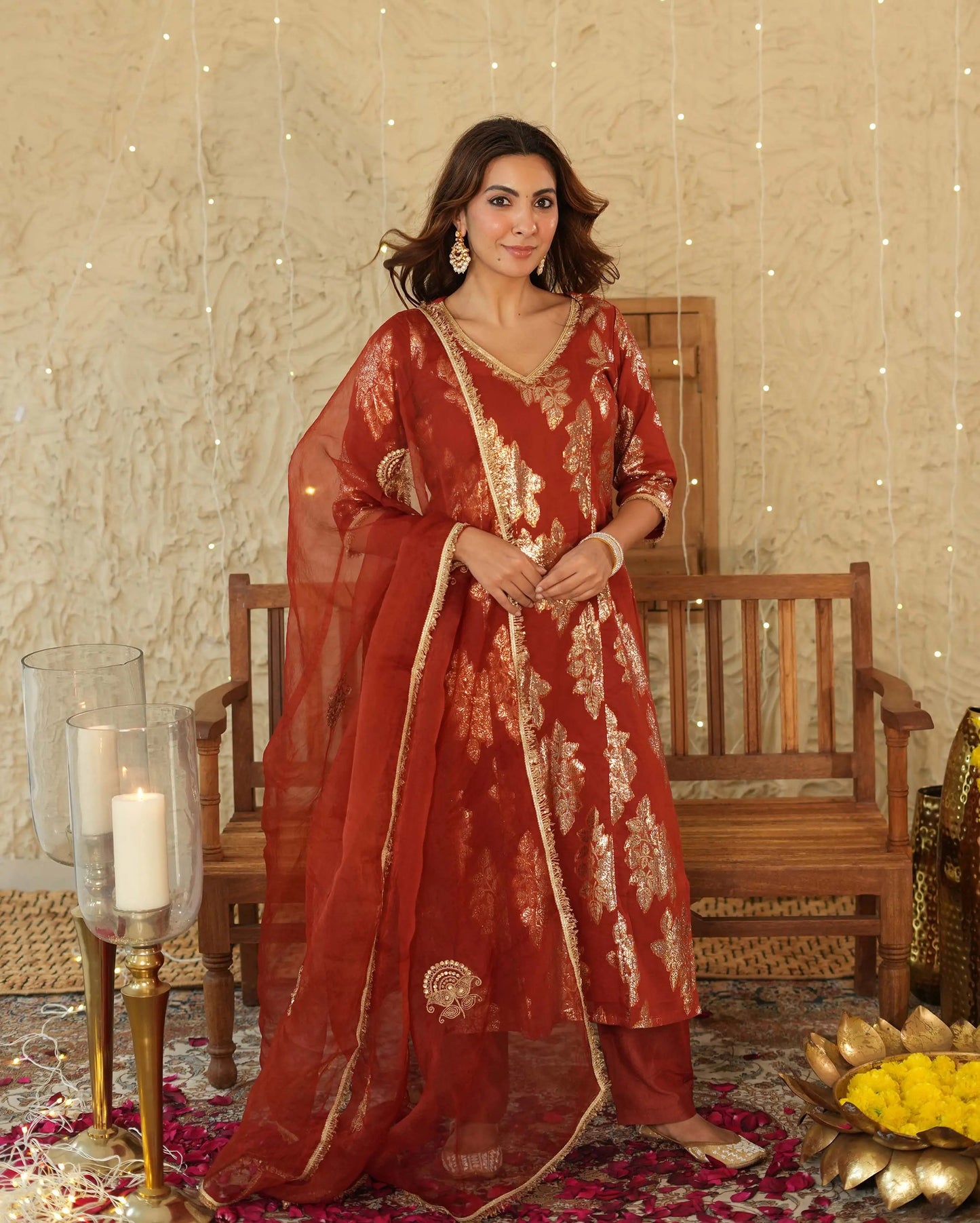 Diya Orange Jacquard Suit Set My Store