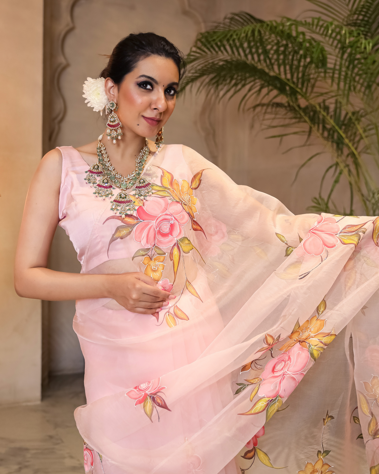 Peach Aura Embellished Handpainted Organza Silk Saree Quick Cart