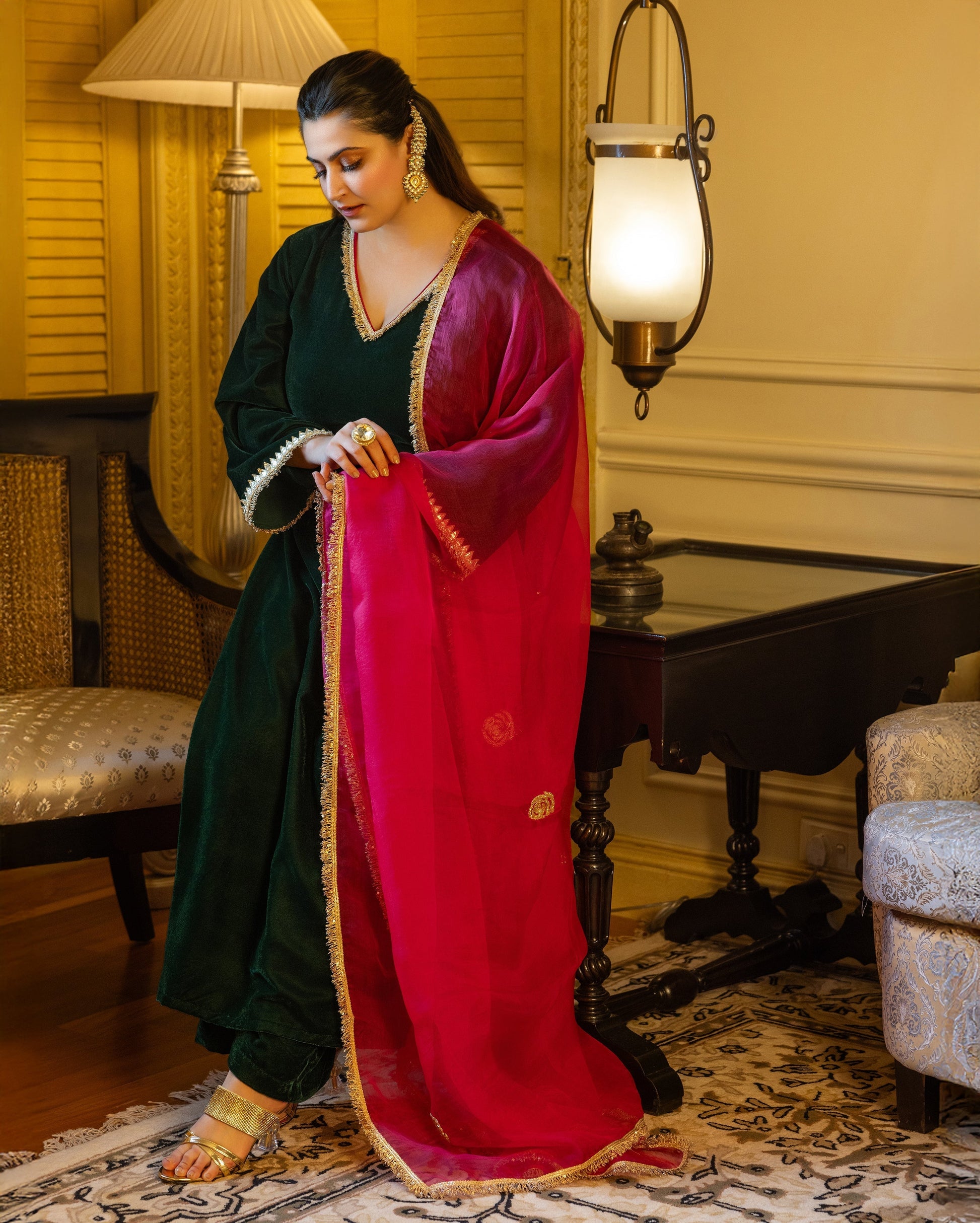 Nargis Green Solid Velvet Suit Set My Store