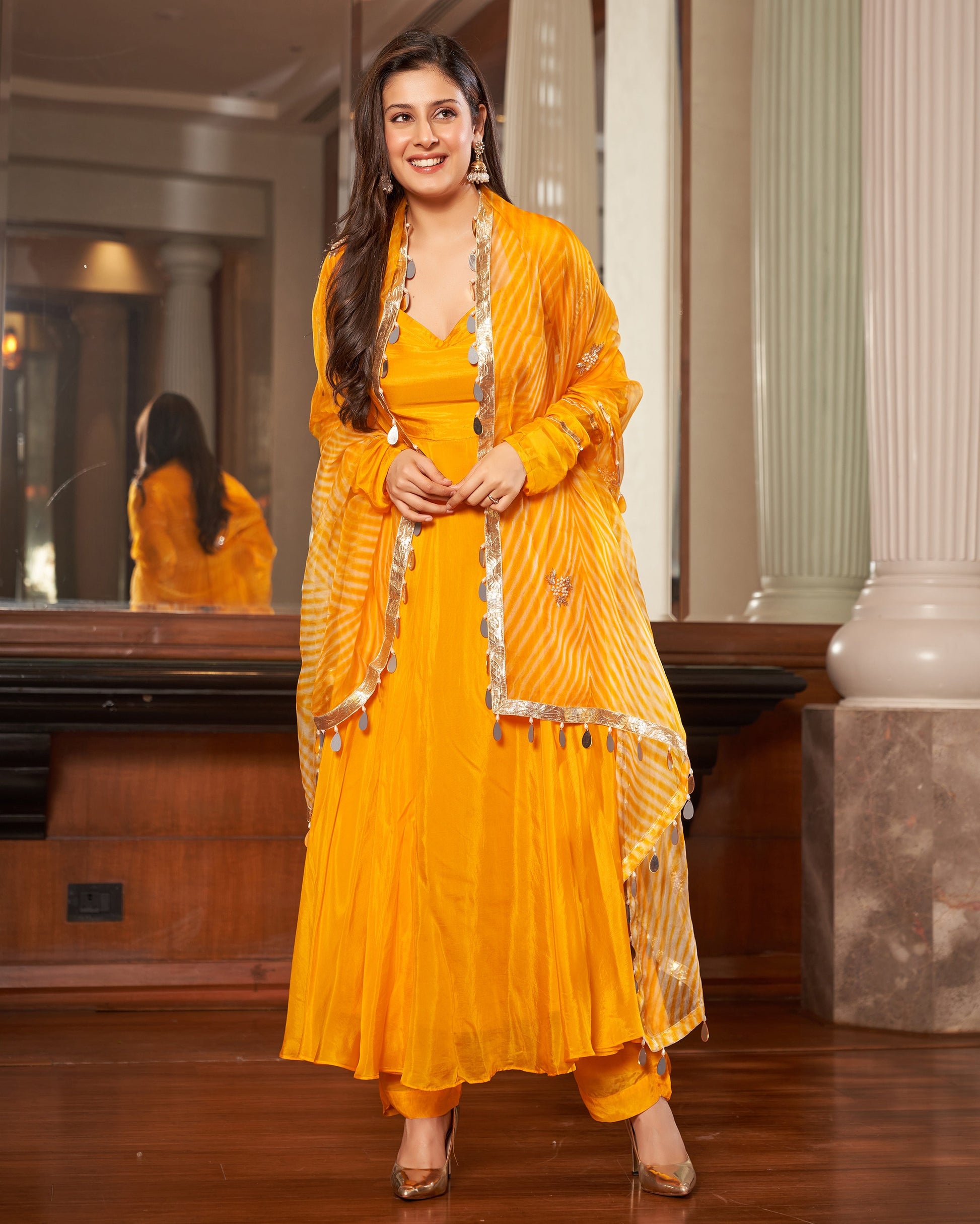 Avittam Mustard Yellow Leheriya Silk Suit Set Quick Cart