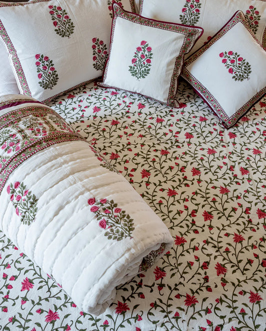 White Smoke Handblock Printed Bedding Set
