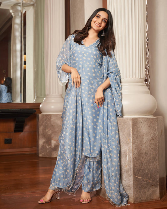 Tarang Pastel Blue Bandhani Silk Suit Set My Store