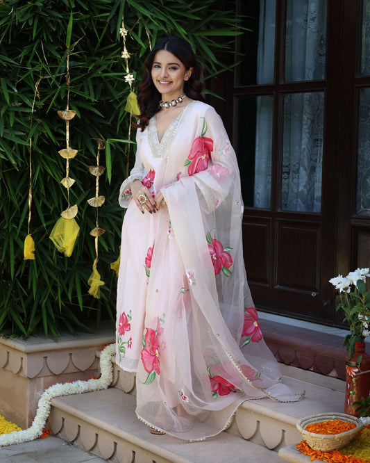 Snowflake Serene Peach Pink Handpainted Chanderi Suit Set Quick Cart