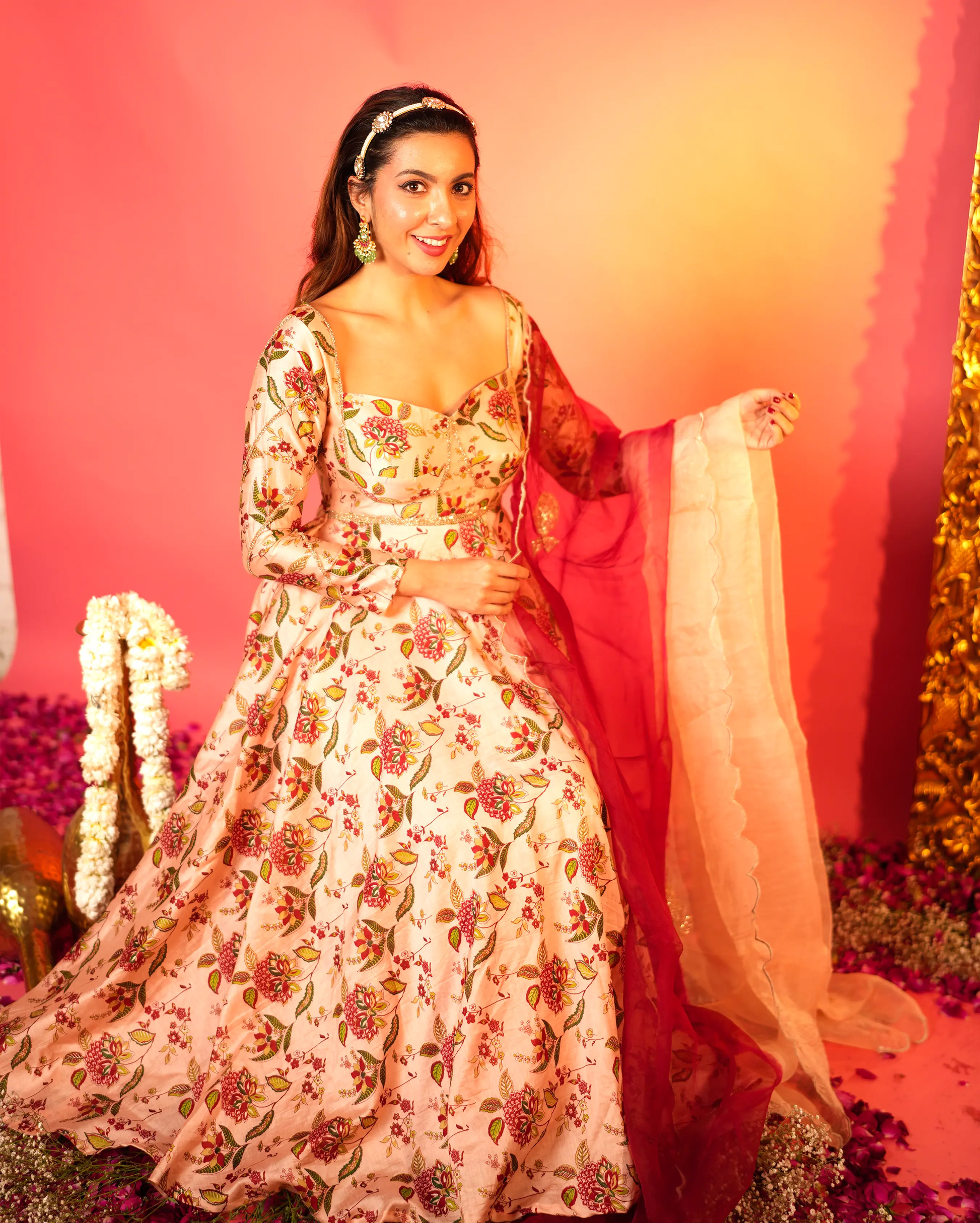 Draksha Peach Printed Chanderi Suit Set My Store