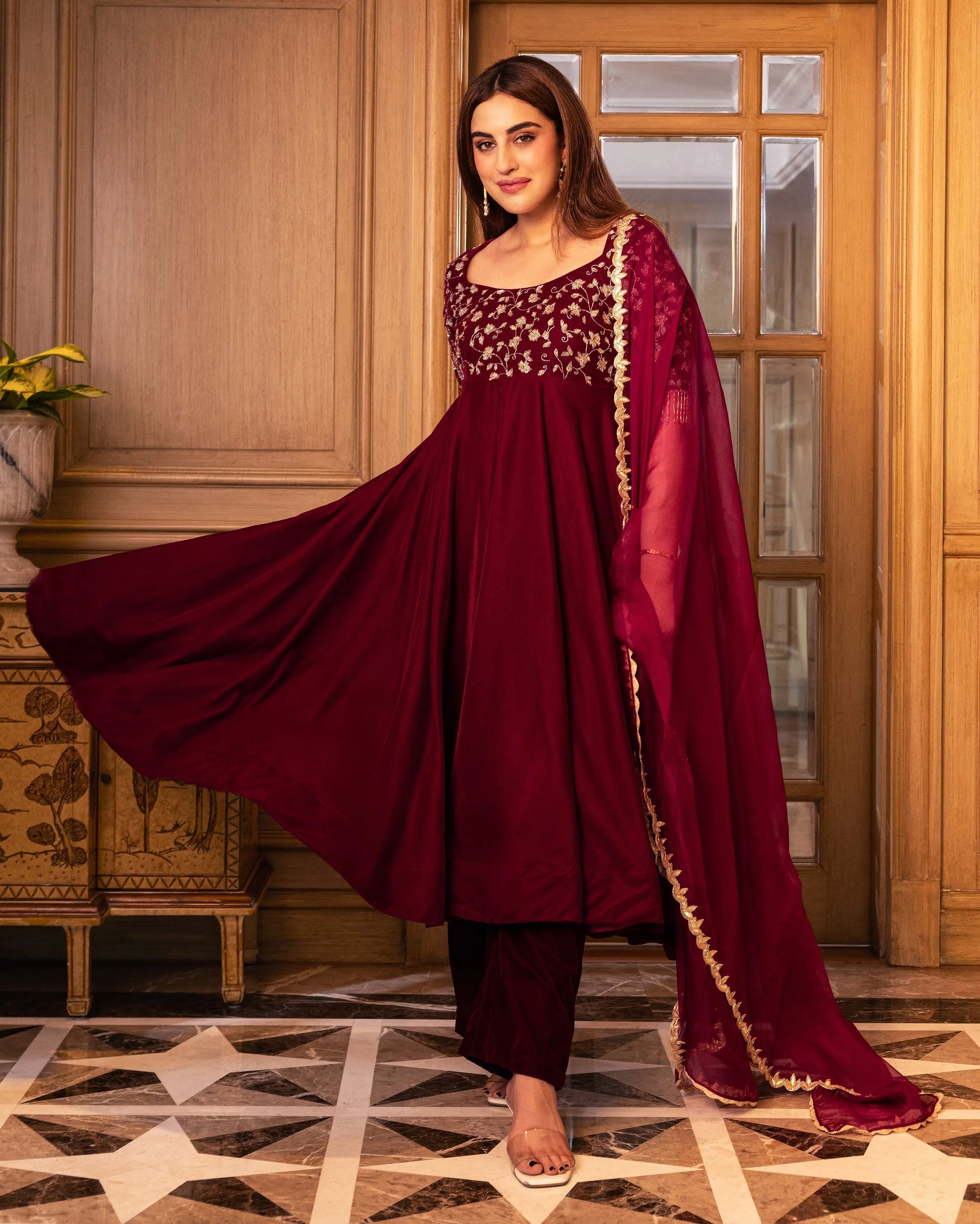 Nargi Wine Embroidered Velvet Suit Set My Store