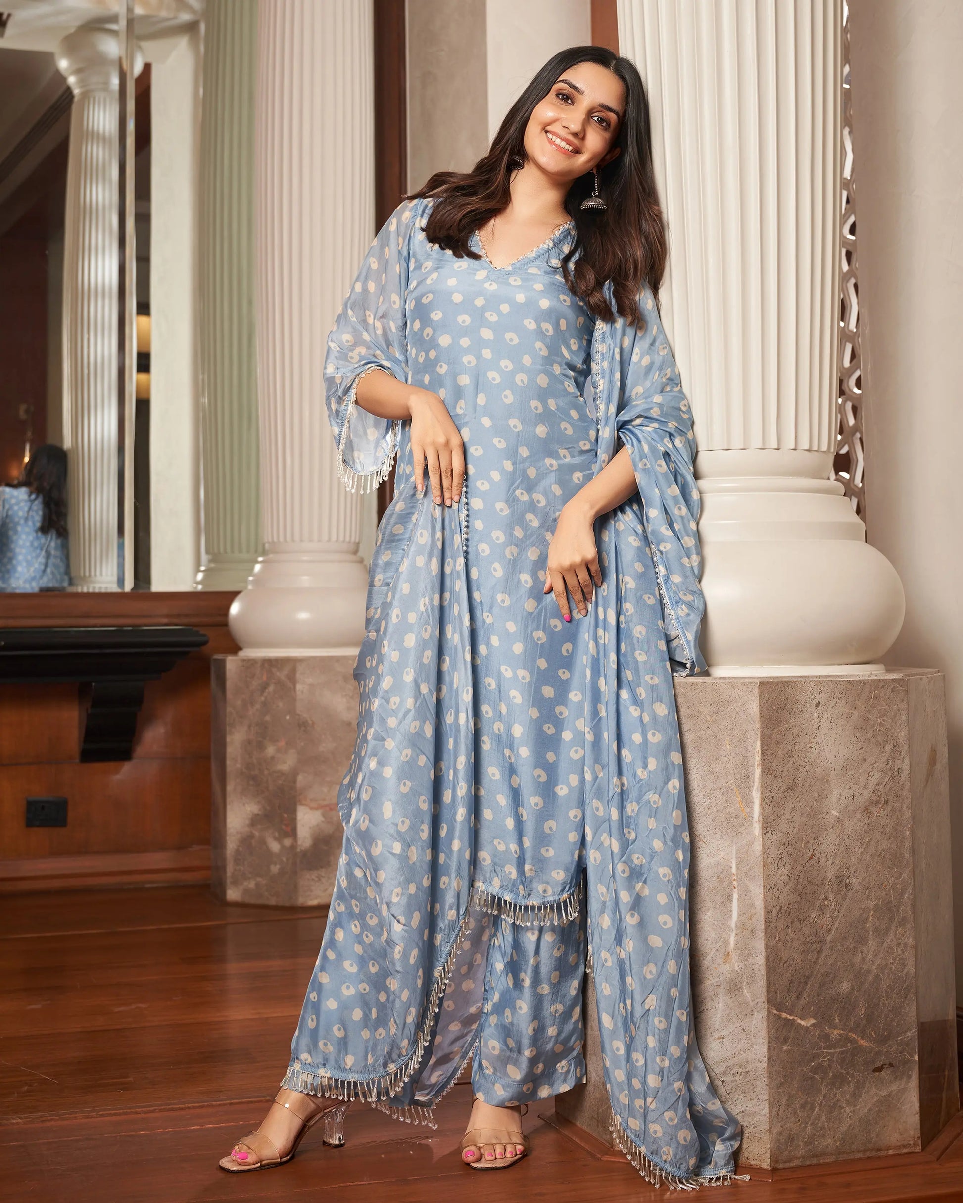 Tarang Pastel Blue Bandhani Silk Suit Set My Store