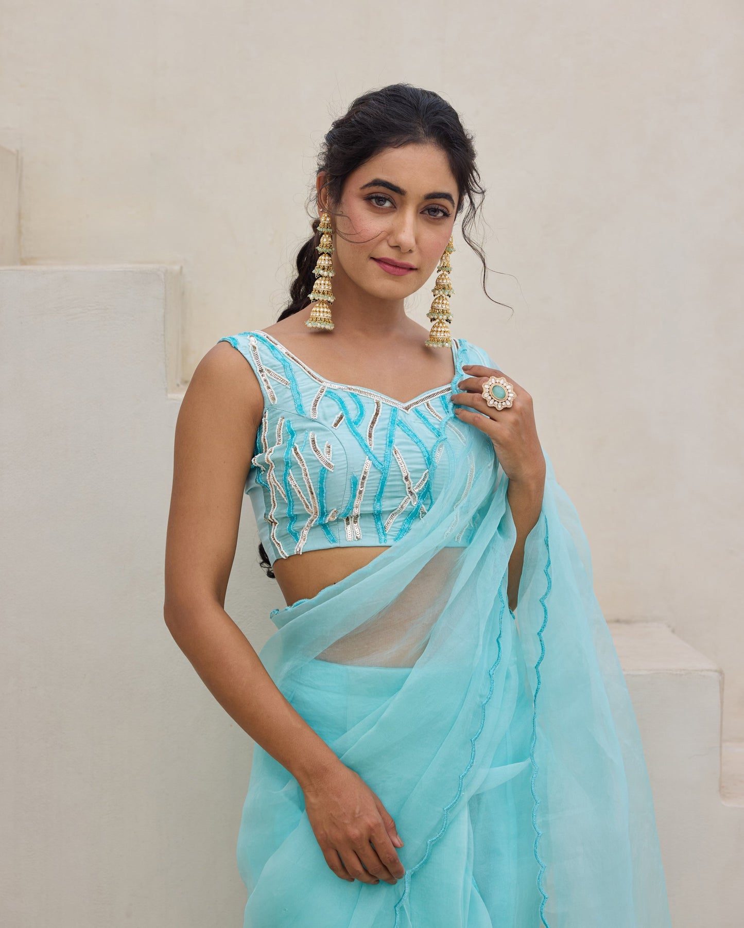 Blue Petal Satin Embroidered Blouse My Store