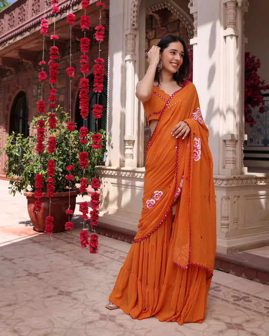 Coral Crush Orange Mirror Work Handpainted Georgette Pre Draped Saree My Store