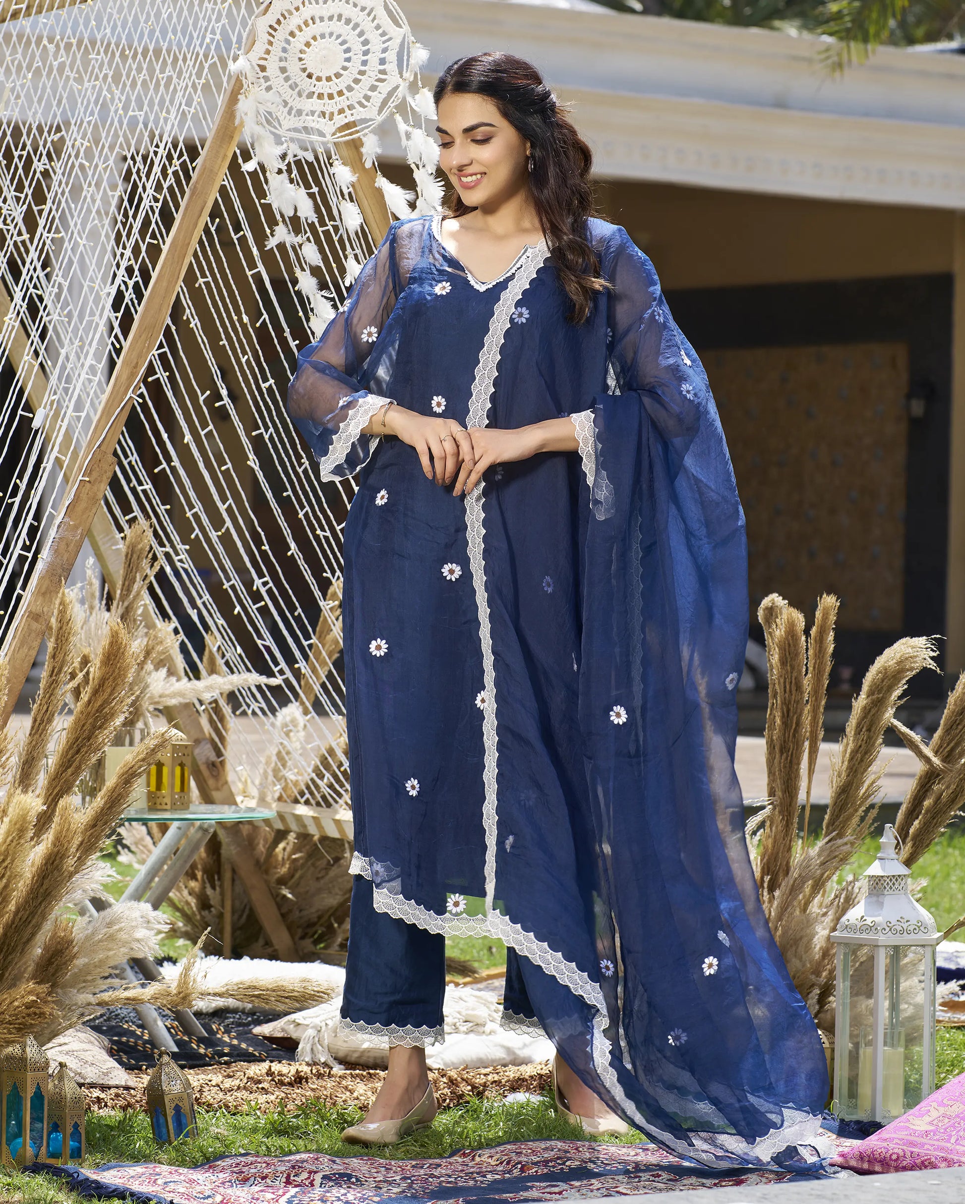 Raffia Blue Embroidered Organza Kurta Set My Store