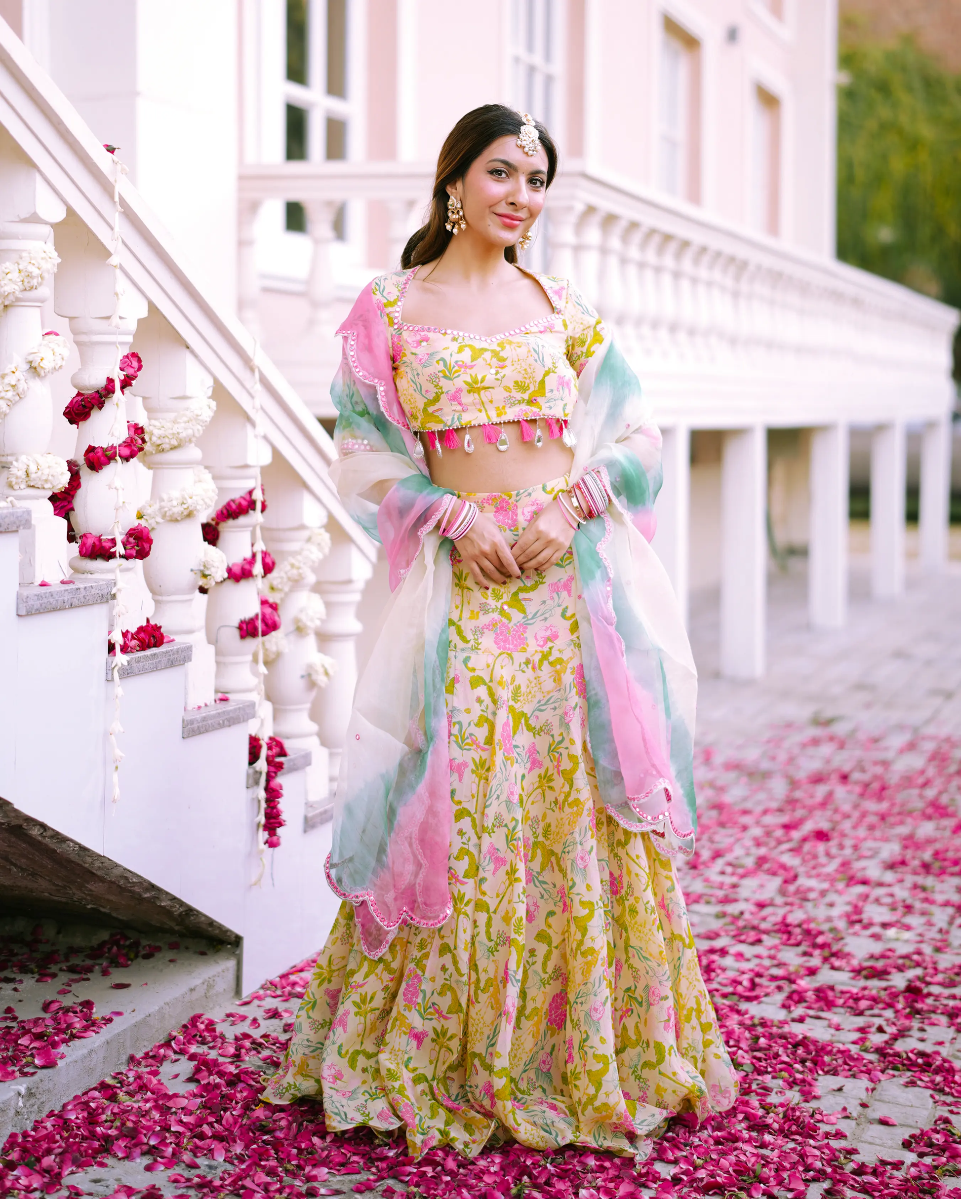 Vidari Cream Printed Organza Lehenga Set My Store