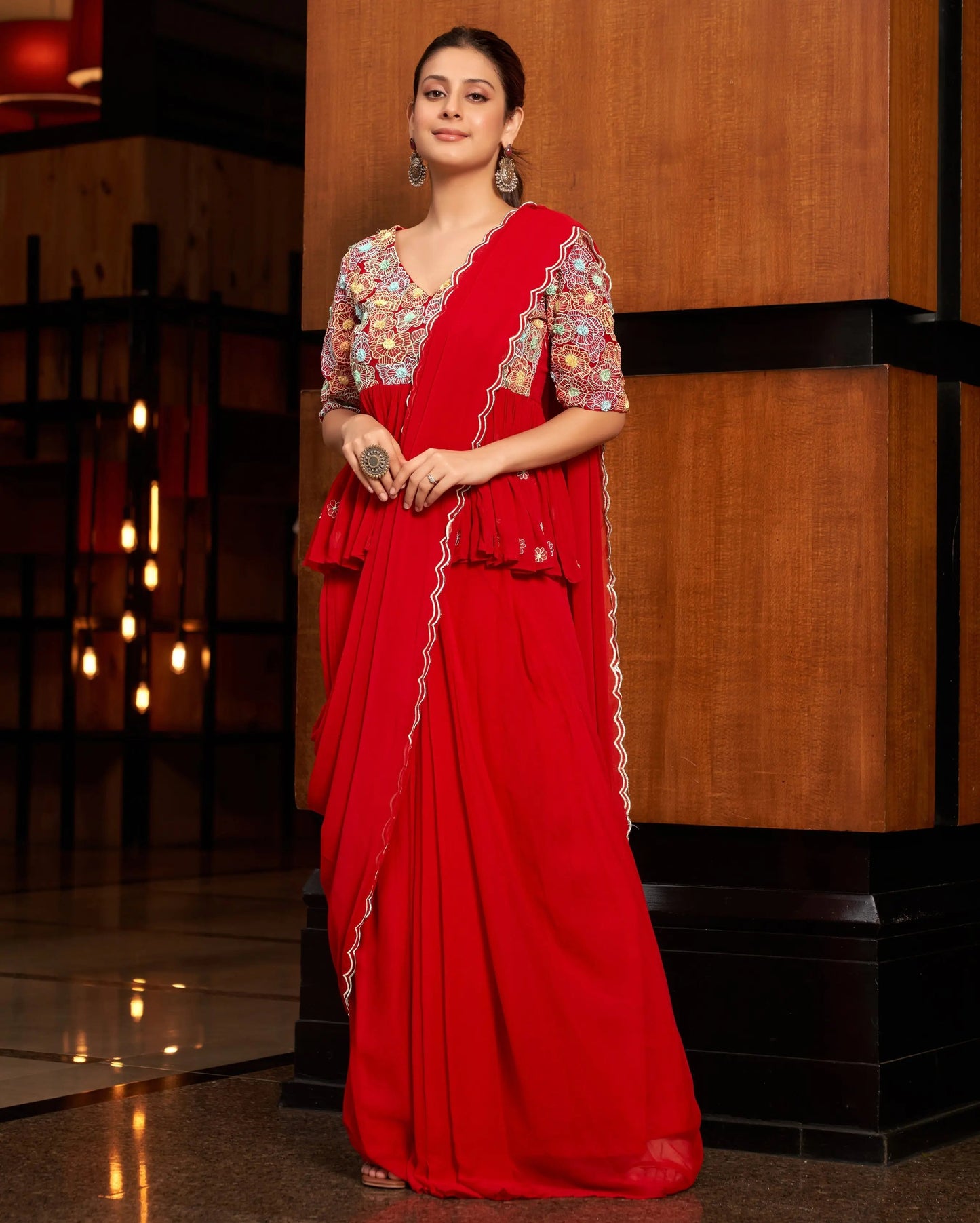 Phool Red Embroidered Georgette Pre Draped Saree My Store