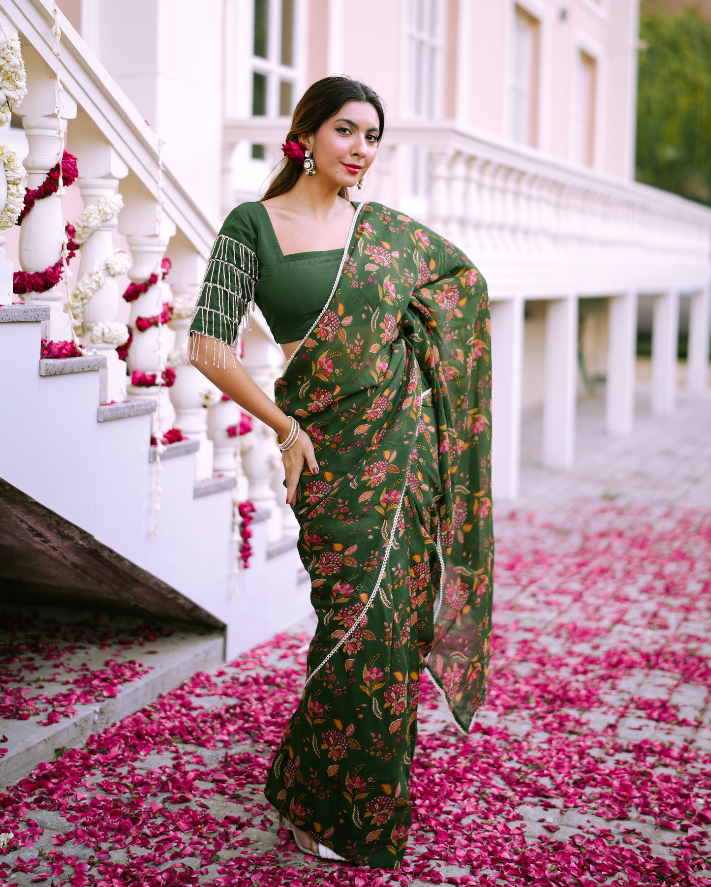 Kusum Green Printed Georgette Pre-draped Saree My Store