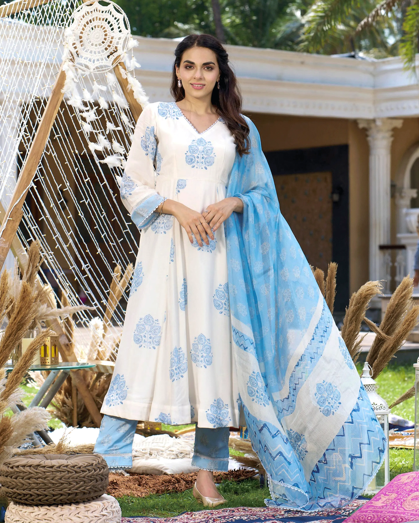 Rudra White Printed Silk Suit Set My Store