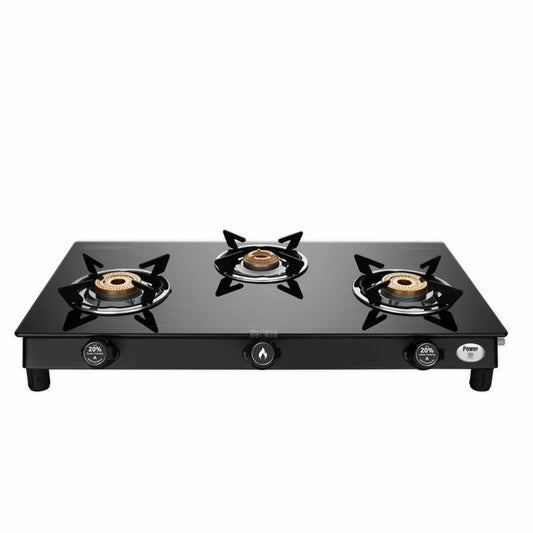 Preethi Bluflame Sparkle Power Duo 3 Burner Glass top Gas Stove with Power Burner and Swirl flame technology My Store