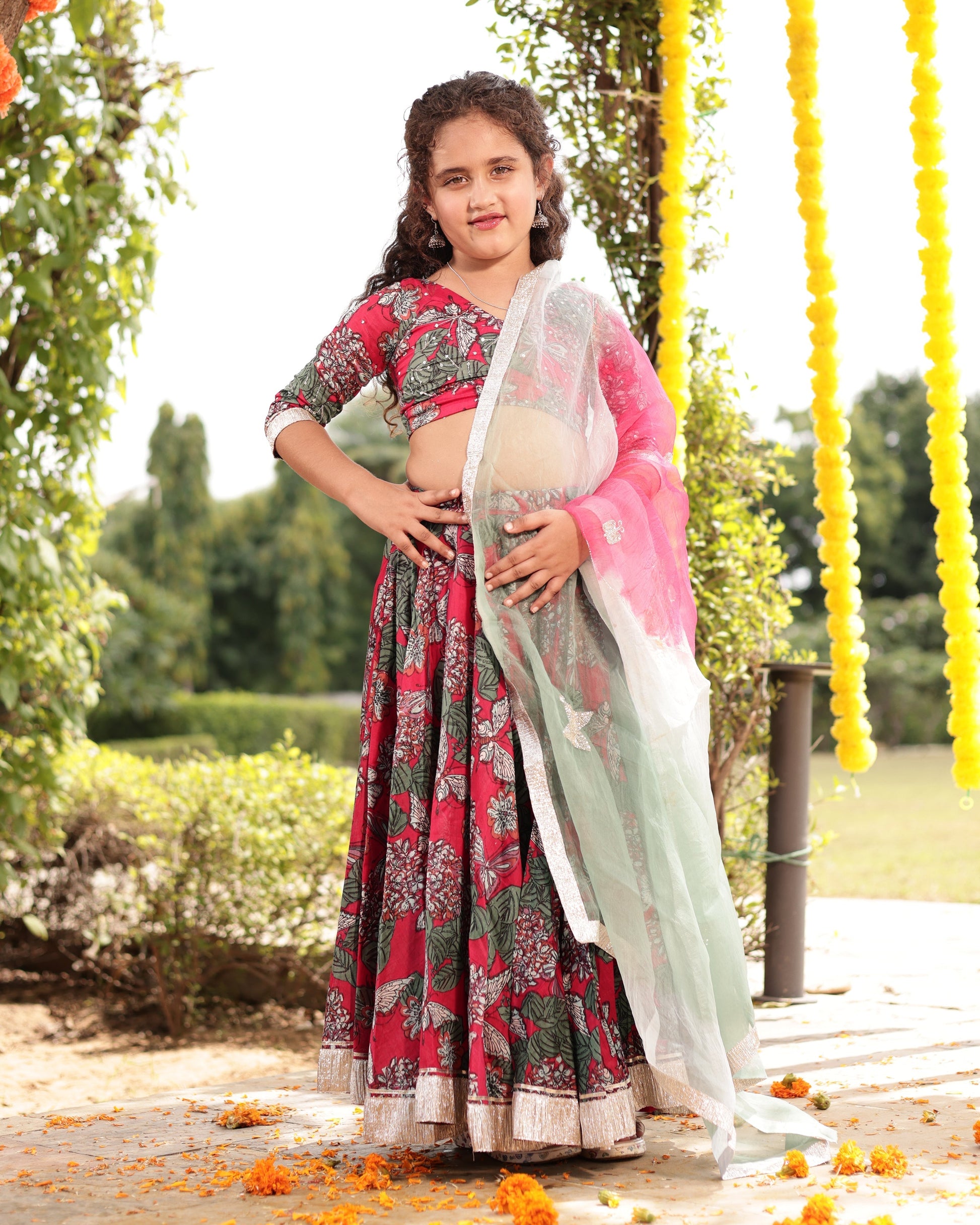 Frolic Red Printed Chanderi Lehenga Set My Store