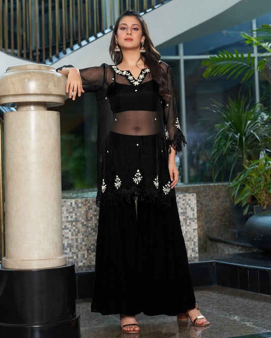Sparsh Black Embroidered Organza Sharara Set My Store