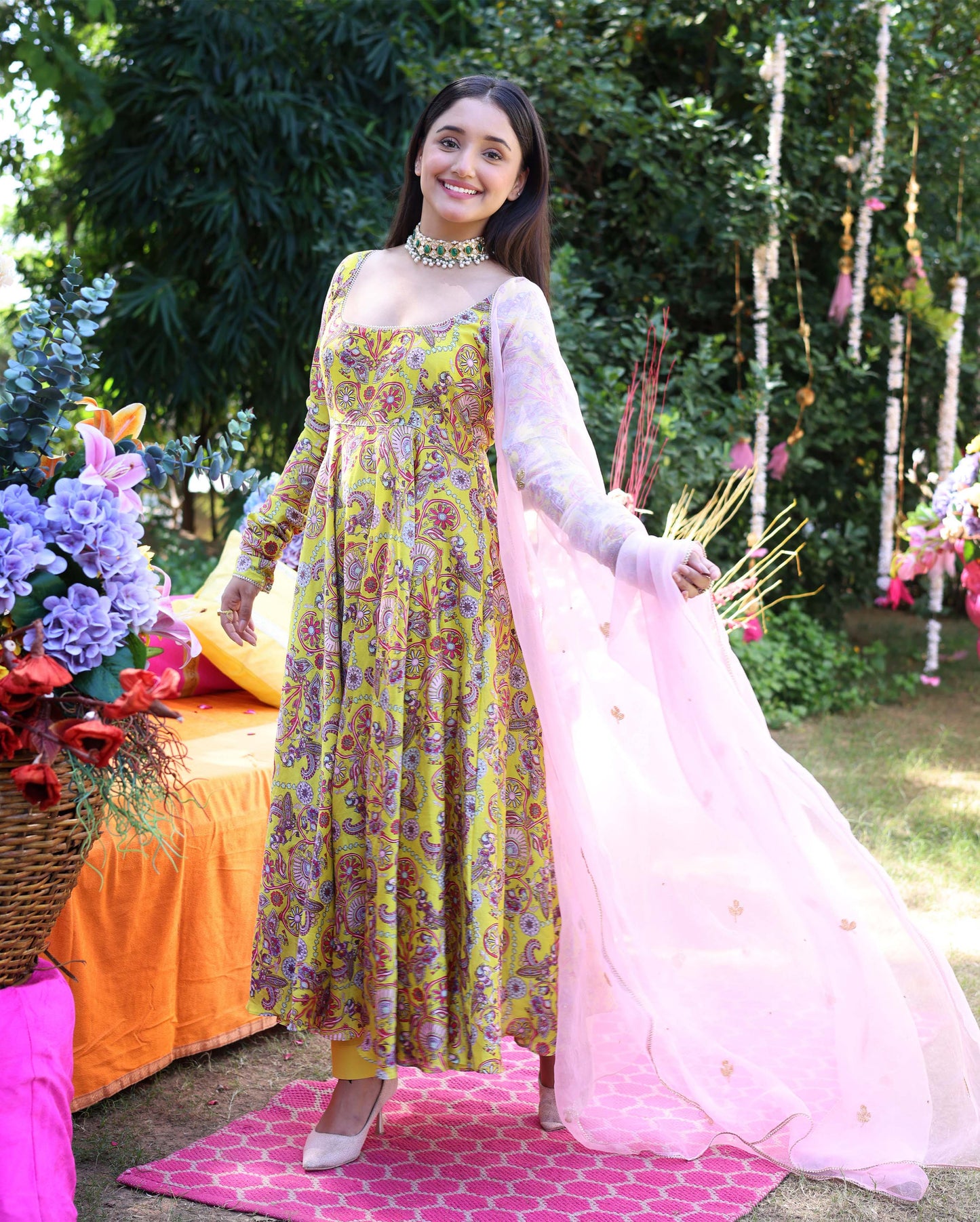 Sunglow Yellow Printed Chanderi Suit Set Quick Cart