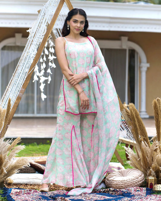 Kinaaz Sea Green Printed Georgette Sharara Set My Store