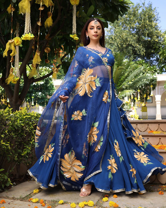 Madison Blue Handpainted Georgette Lehenga Set My Store