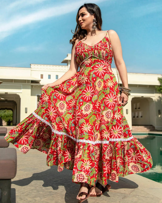 MAPLE RED HANDBLOCK COTTON DRESS My Store