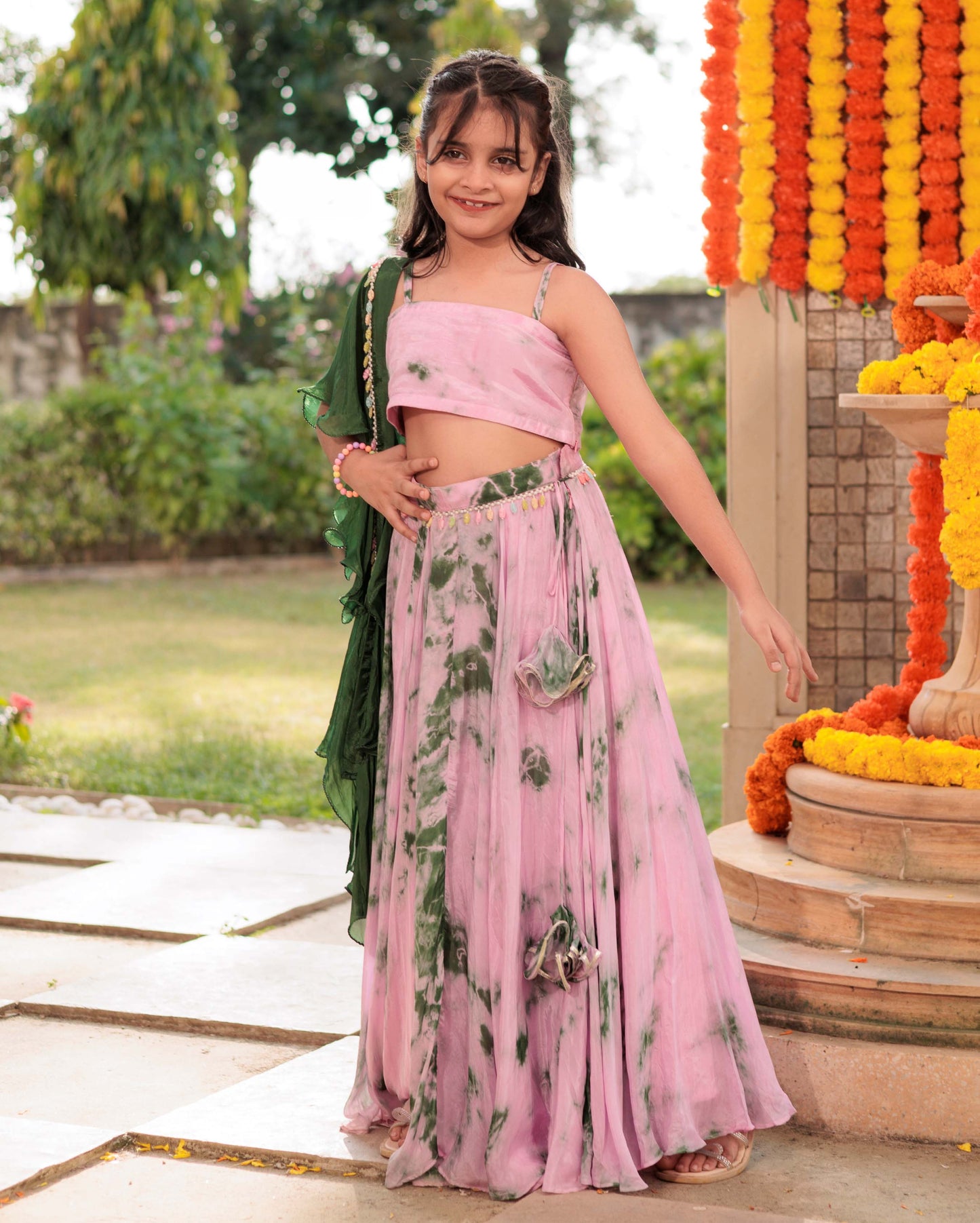 Rainbow Ripple Pink Green Tie Dye Silk Lehenga set My Store