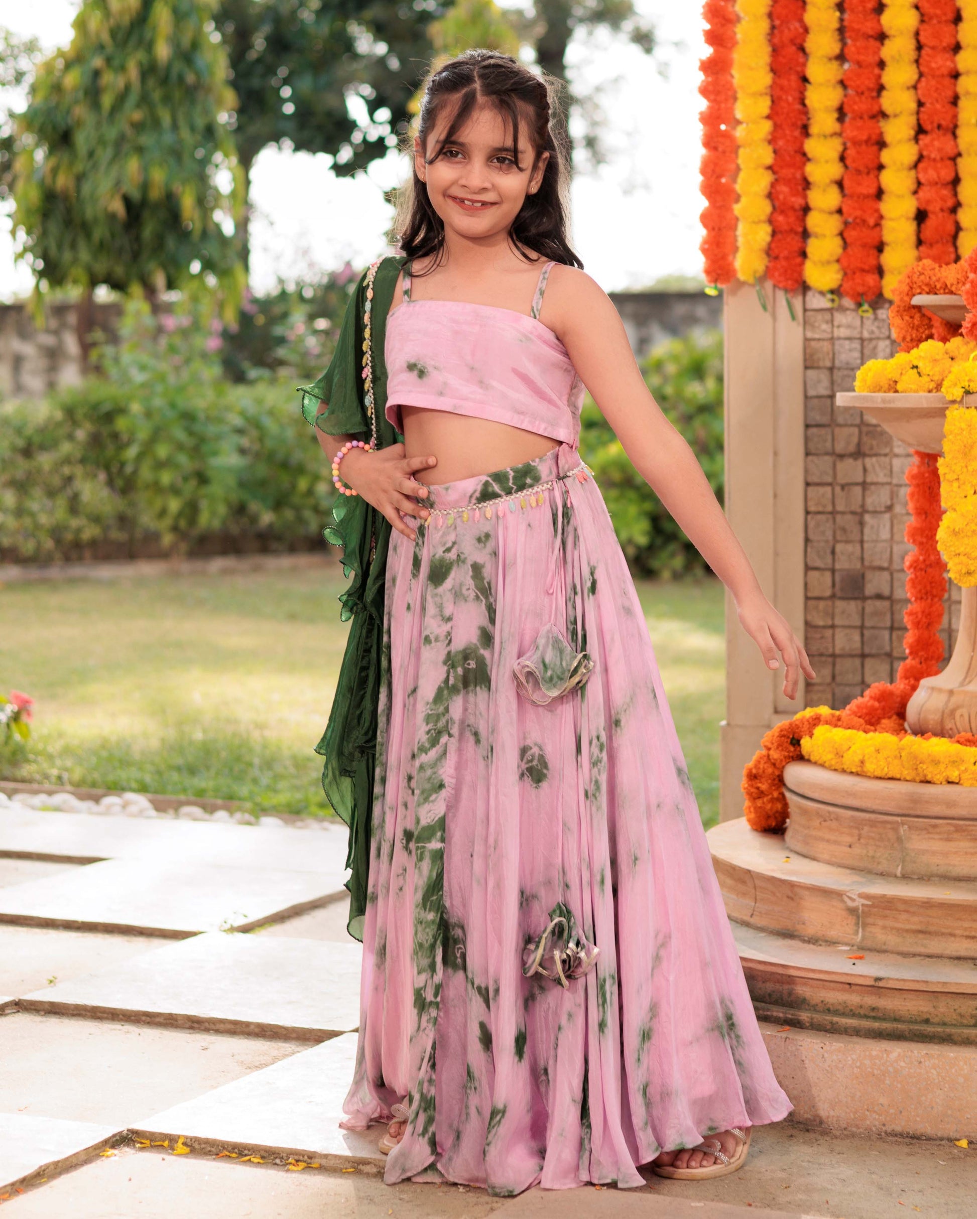 Rainbow Ripple Pink Green Tie Dye Silk Lehenga set My Store