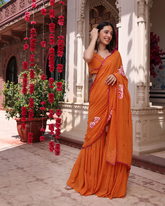 Coral Crush Orange Mirror Work Handpainted Georgette Pre Draped Saree Quick Cart