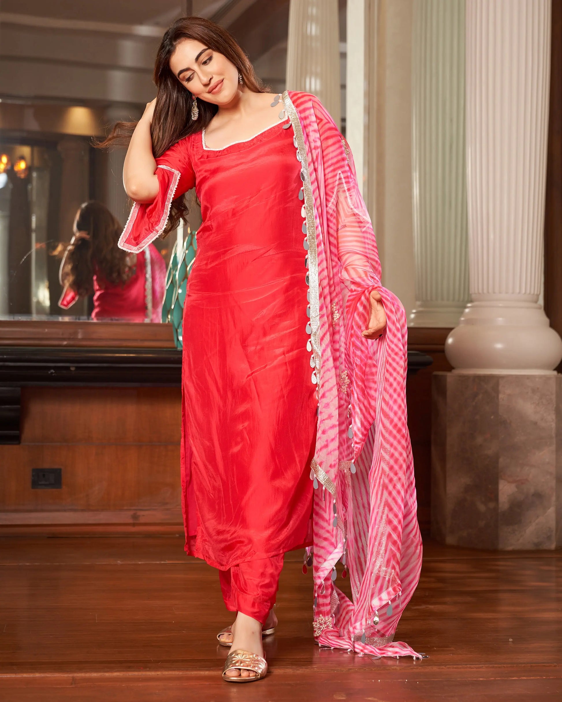 Krushi Pink Leheriya Silk Suit Set My Store