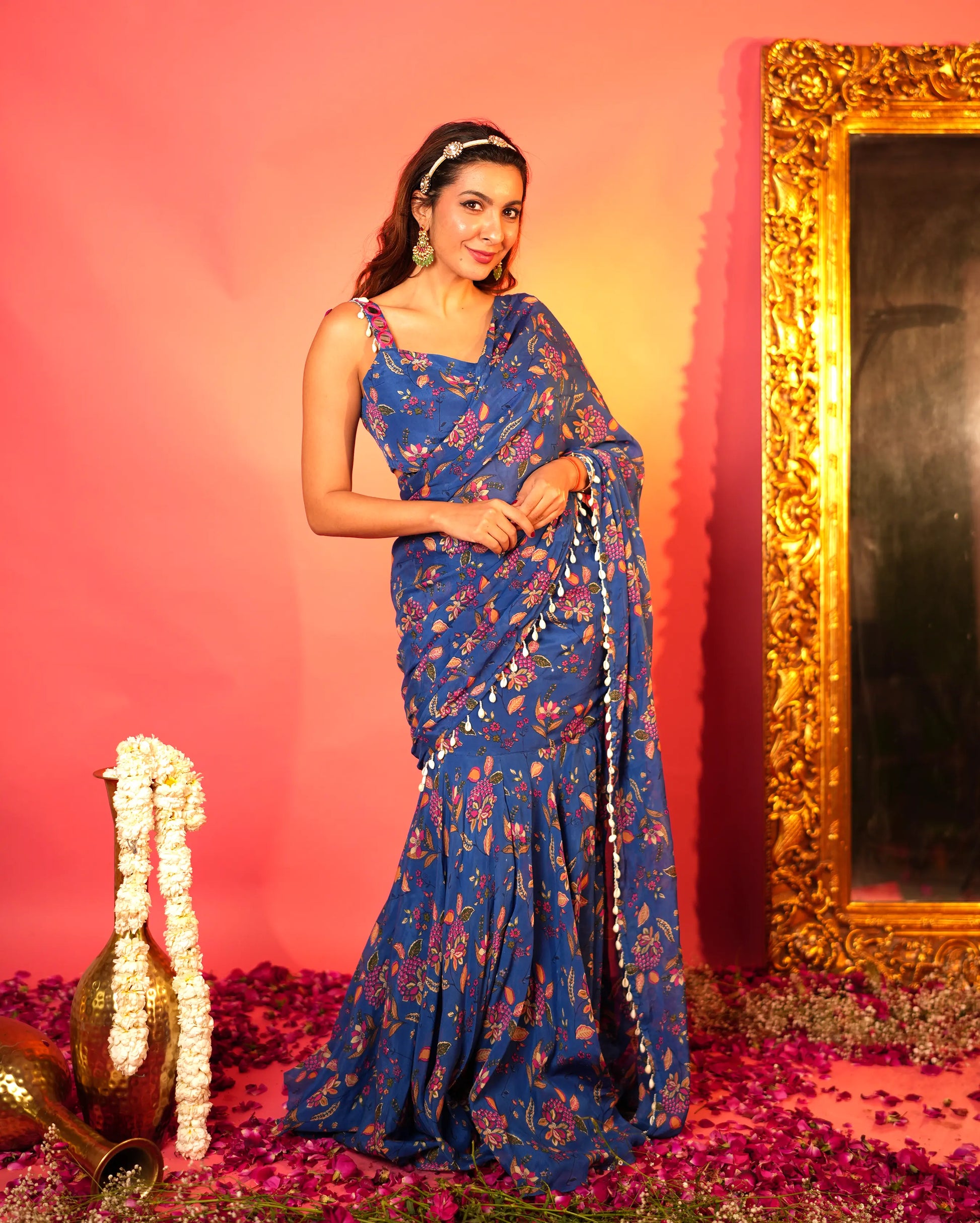 Shruti Blue Printed Chinon Pre-draped Saree My Store