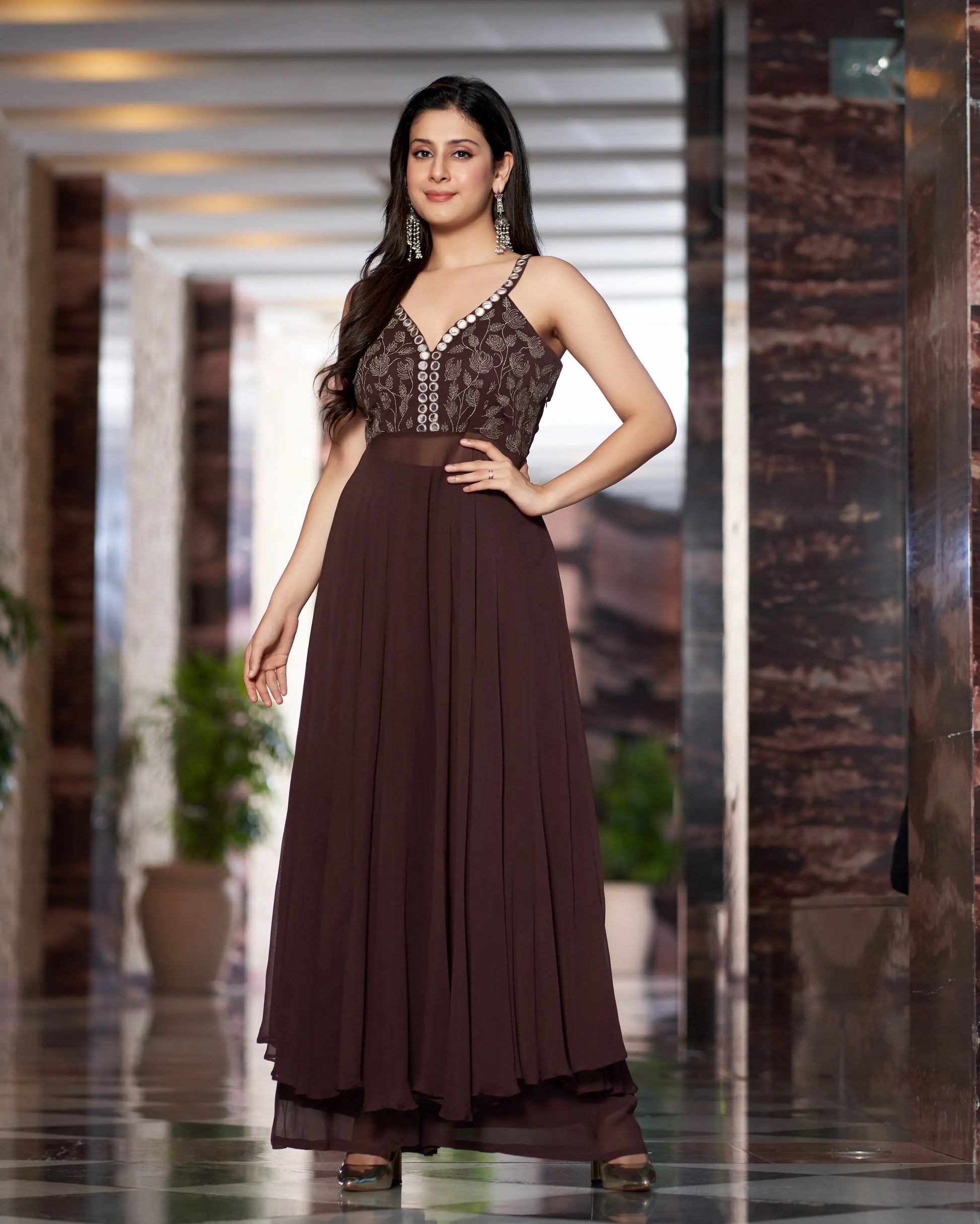 Shriya Brown Embroidered Georgette Kurta Set My Store