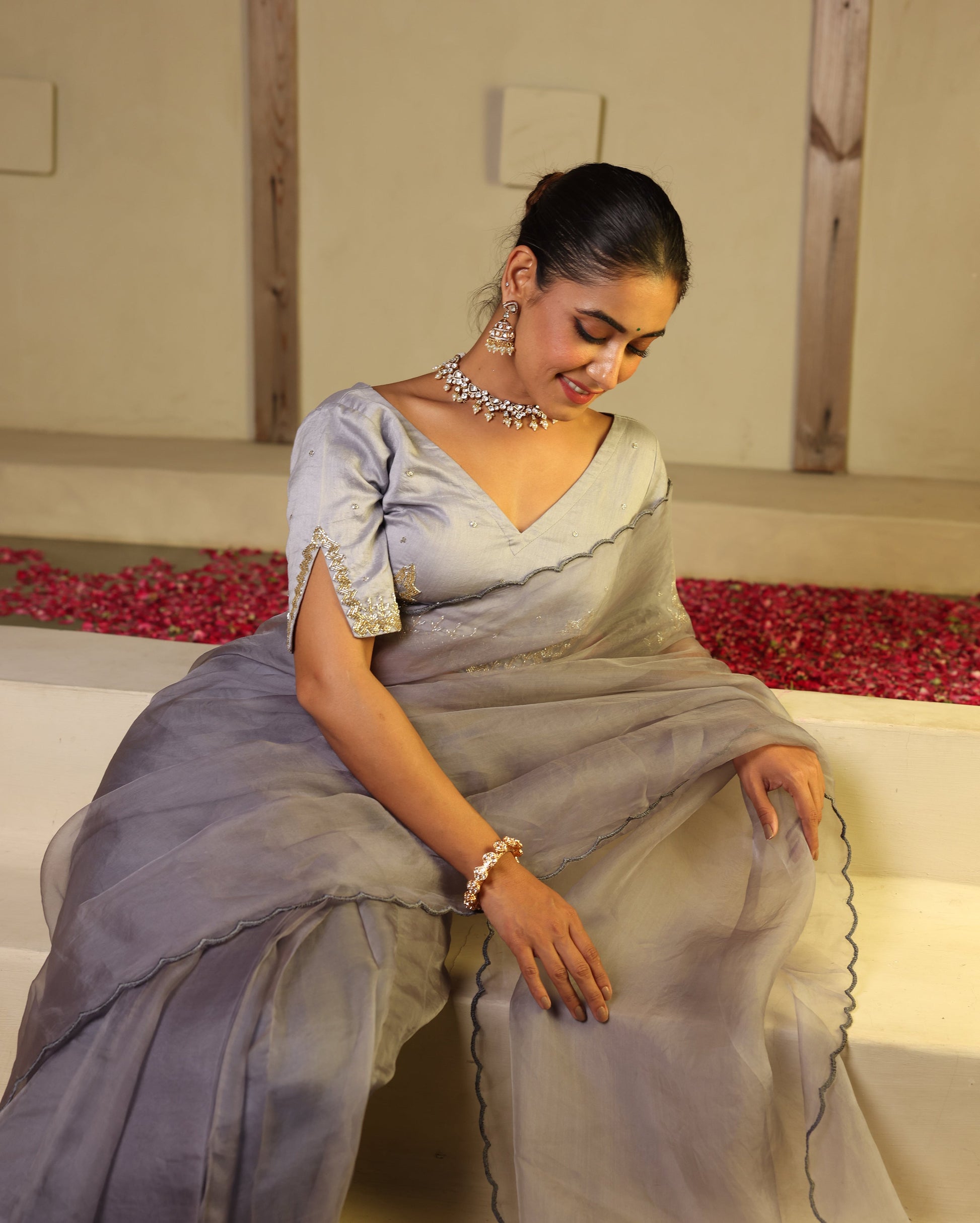 Chhavi Grey Chanderi Embroidered Blouse My Store