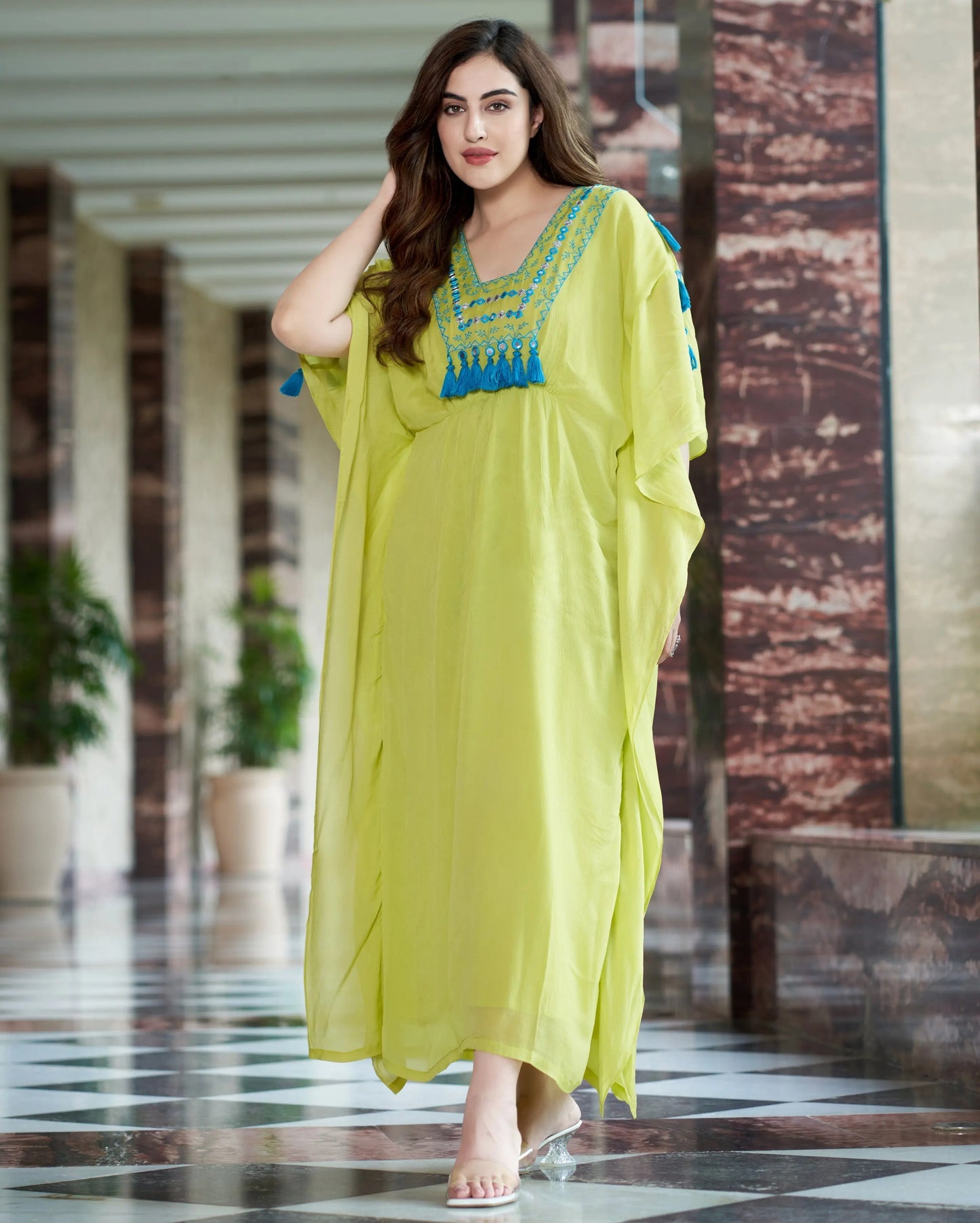 Meera Neon Green Embroidered Chinon Kaftan My Store