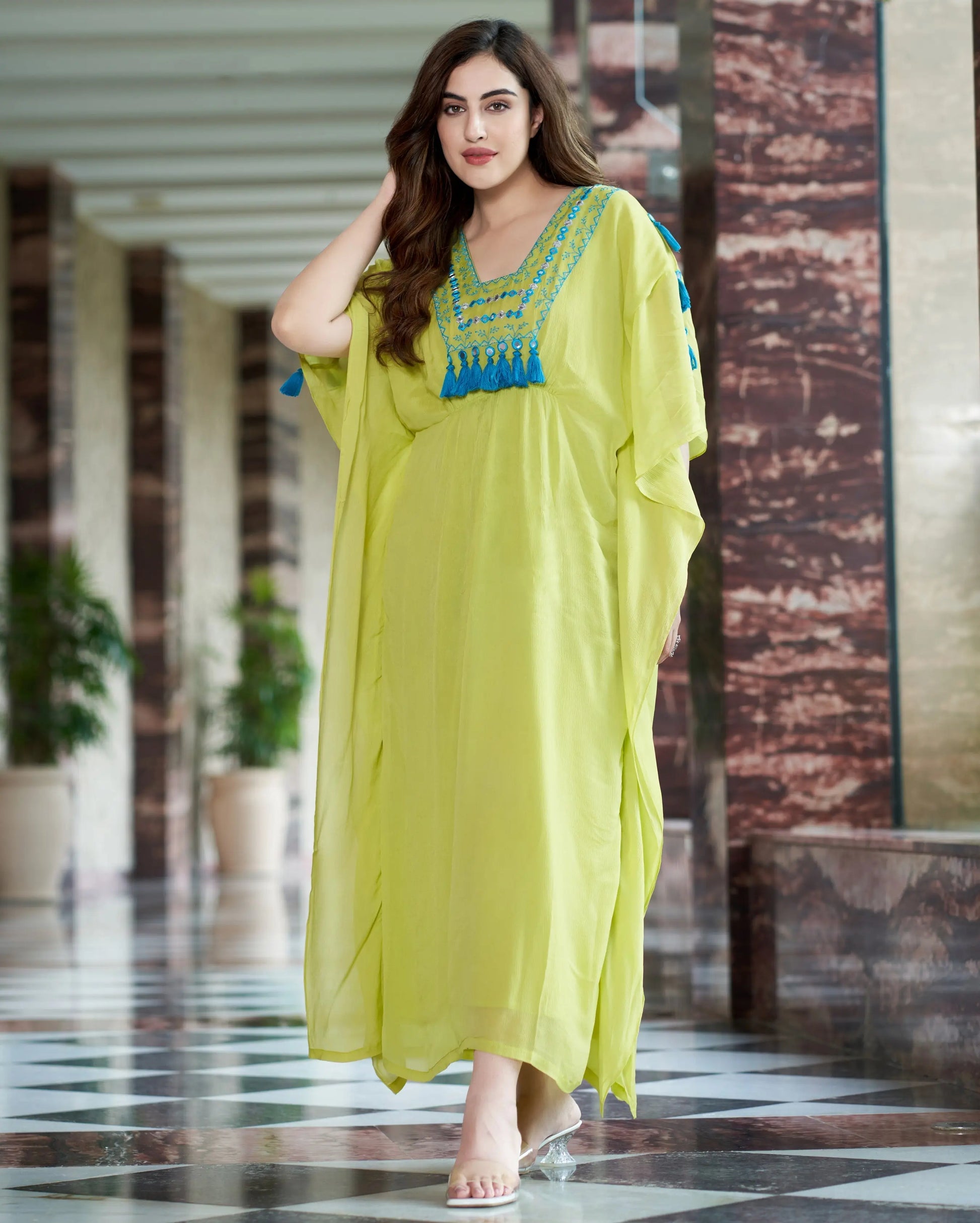 Meera Neon Green Embroidered Chinon Kaftan My Store