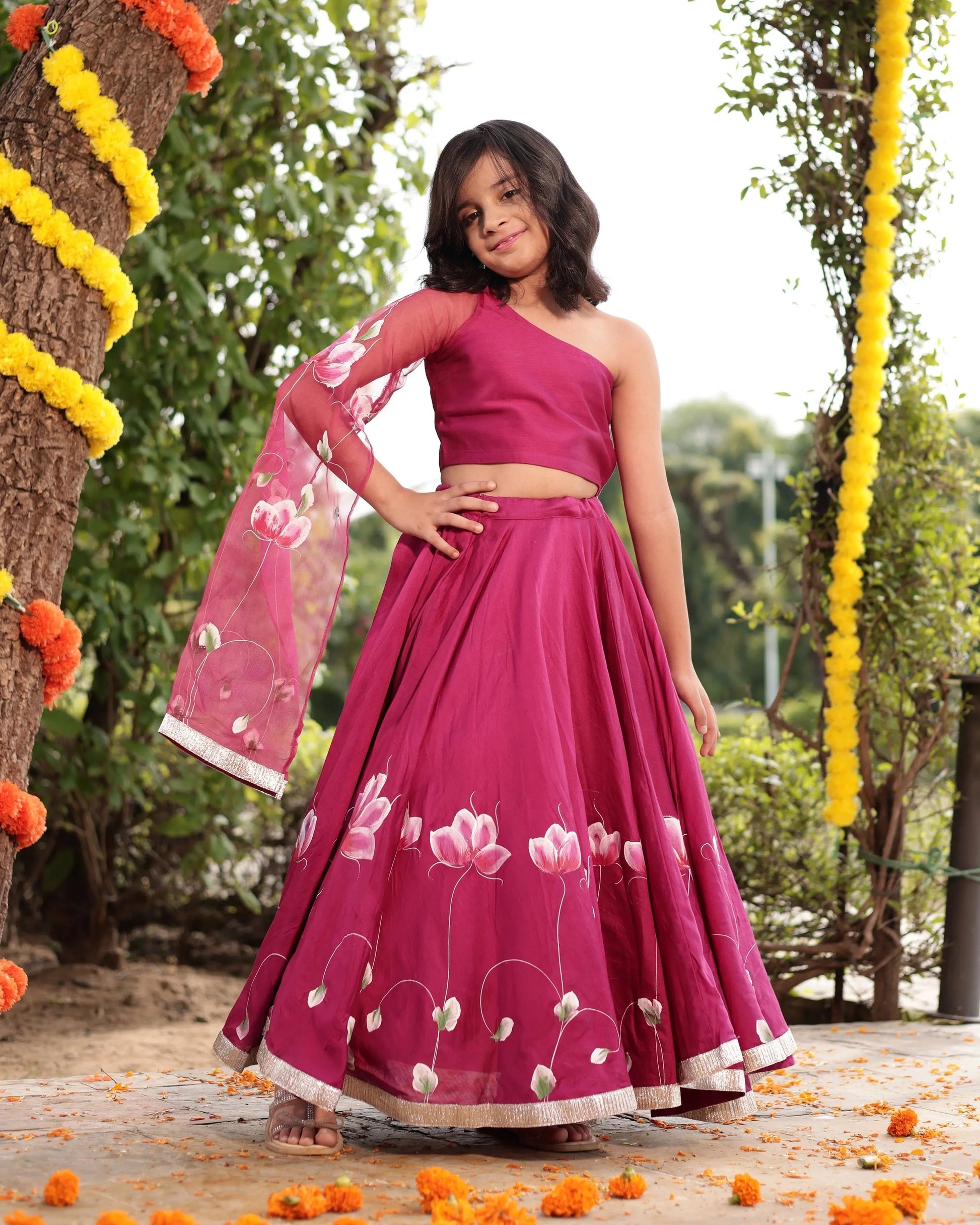 Giggle Magenta Handpainted Chanderi Lehenga Set My Store