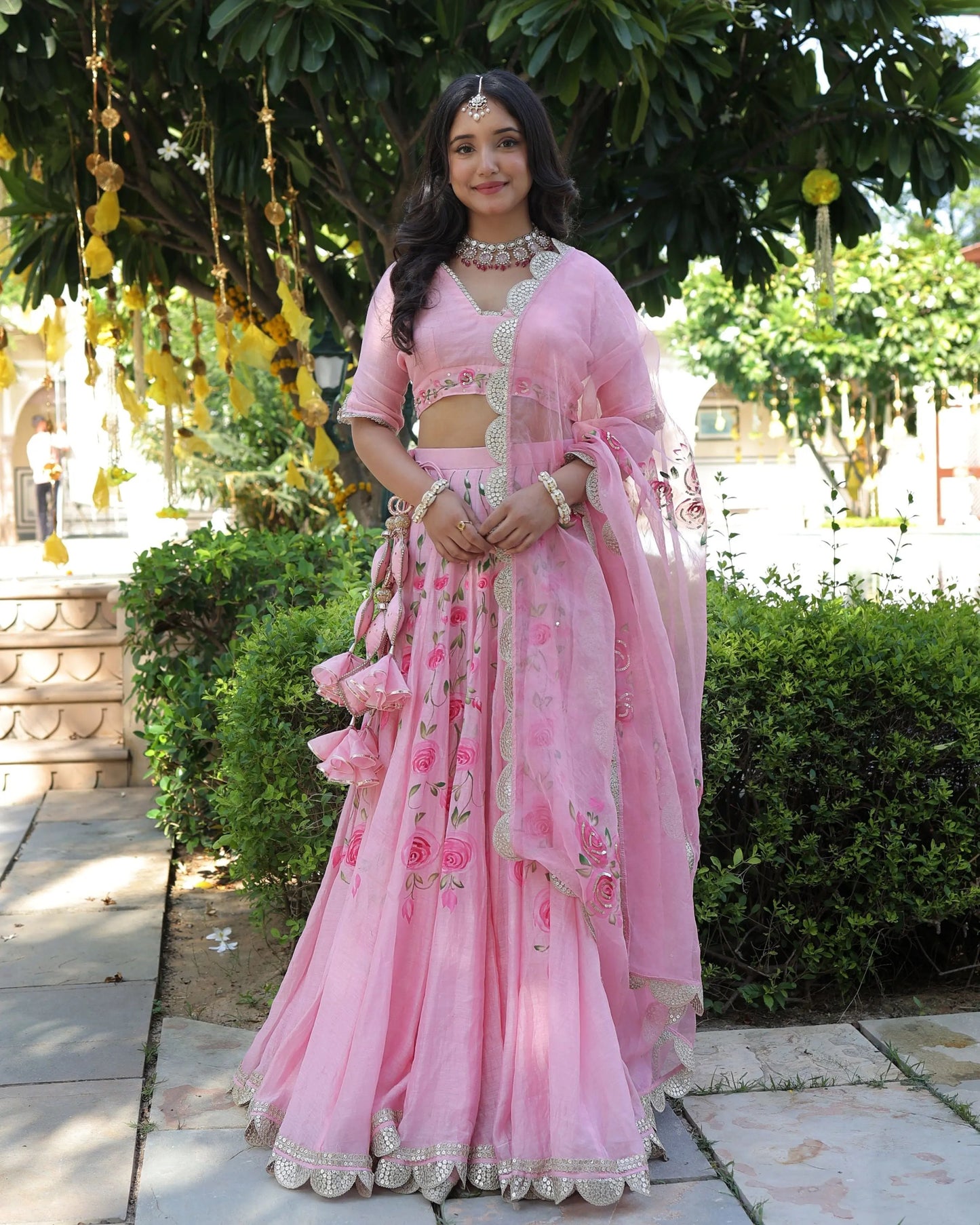 Dewberry Pink Handpainted Chanderi Lehenga Set My Store