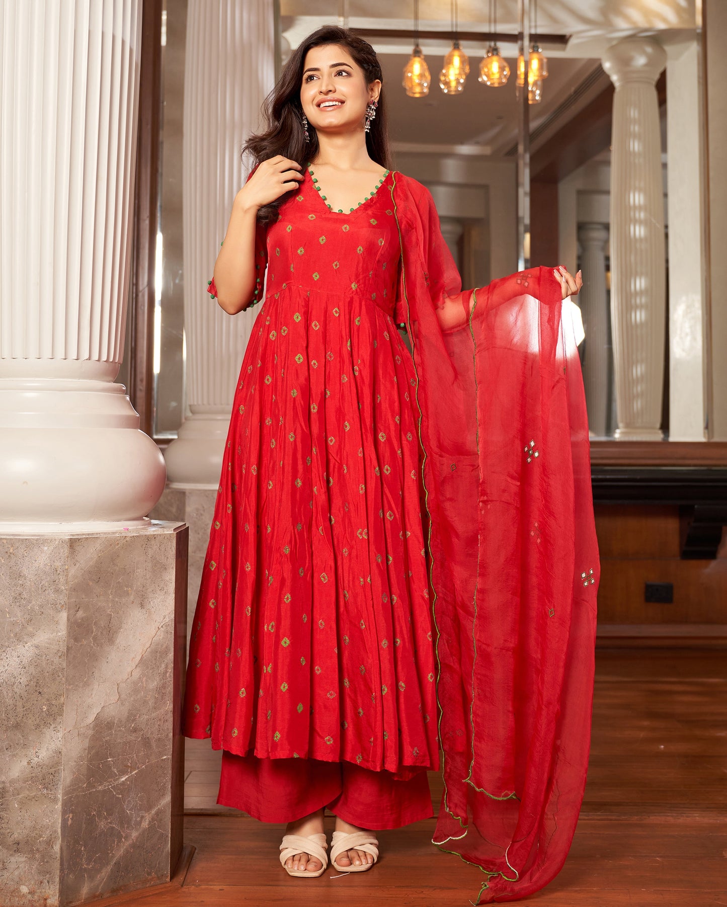 Rasa Red Bandhani Silk Suit Set Quick Cart