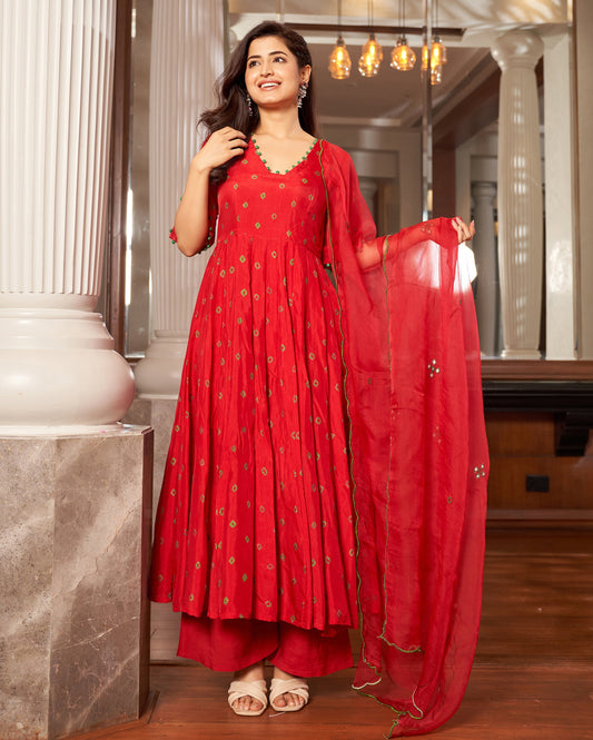 Rasa Red Bandhani Silk Suit Set Quick Cart