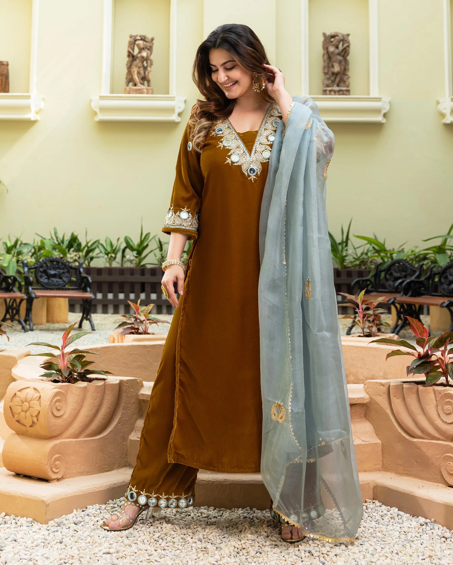 Khardali Mustard Embroidered Velvet Suit Set My Store