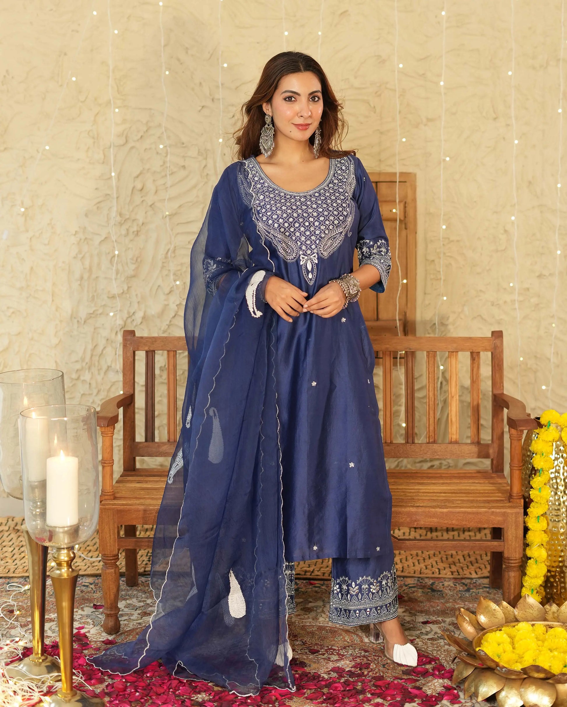 Tejaswi Blue Embroidered Chanderi Suit Set My Store